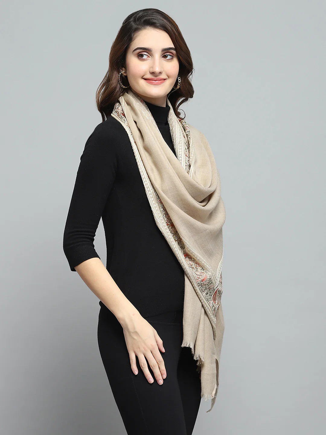 Women Beige Self Design Stole - Image 4