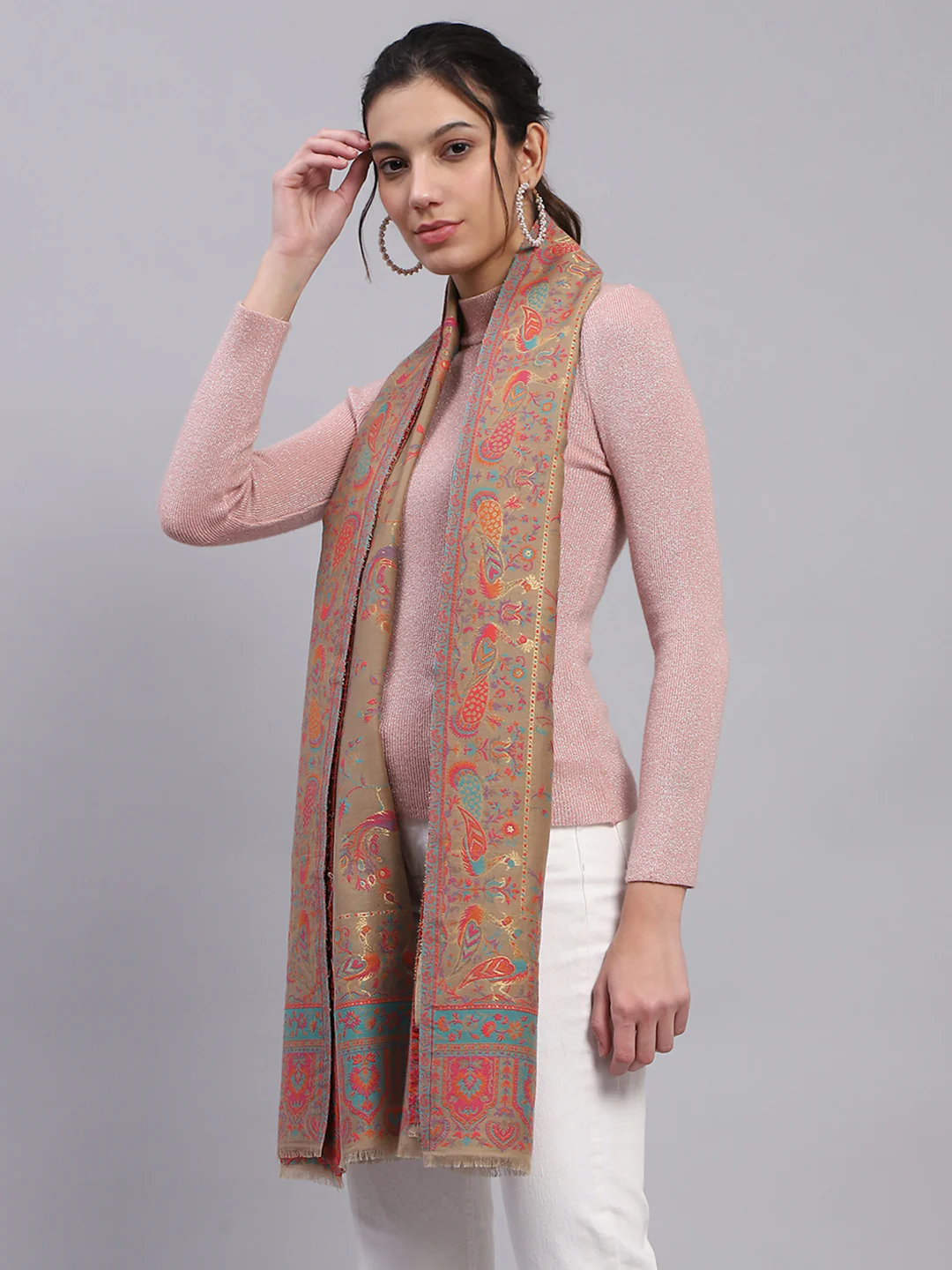 Women Beige Self Design Stole - Image 4