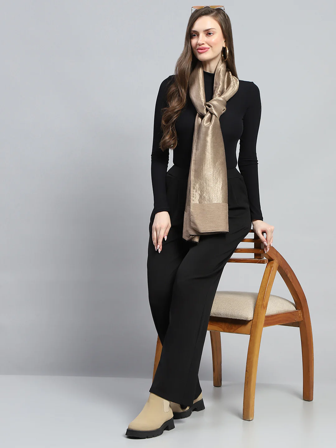 Women Beige Self Design Stole - Image 2