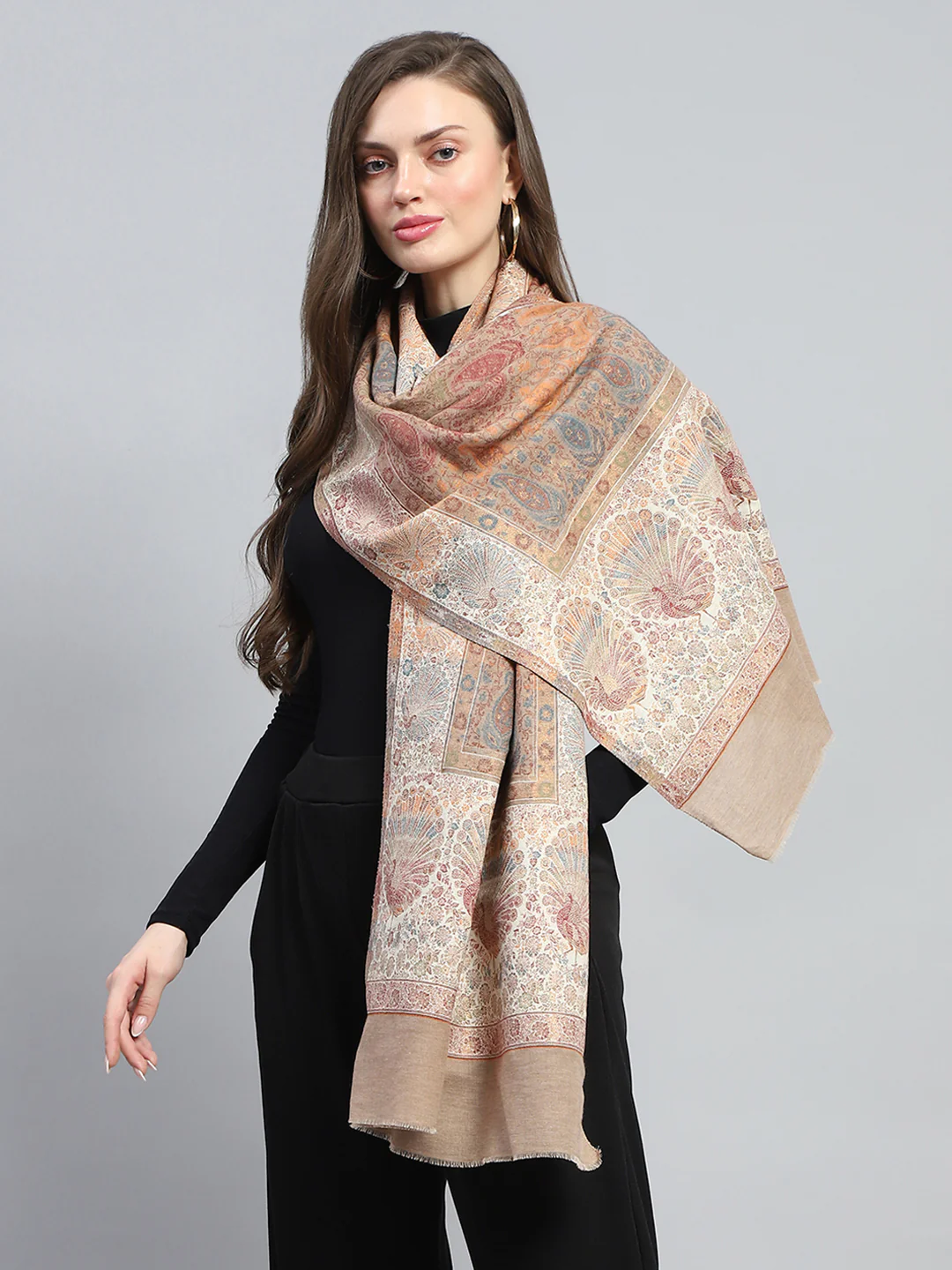 Women Beige Self Design Stole - Image 3