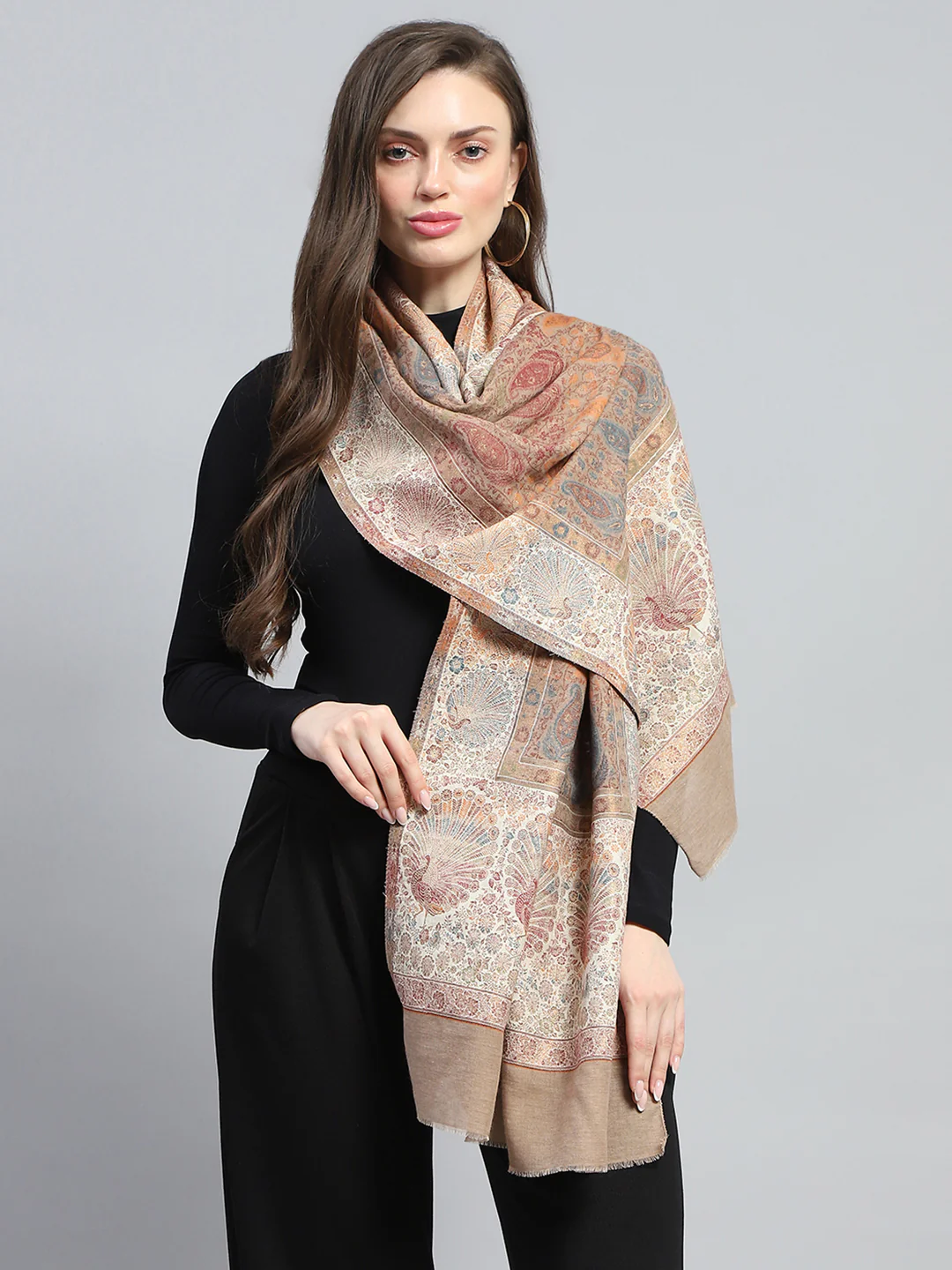 Women Beige Self Design Stole - Image 5