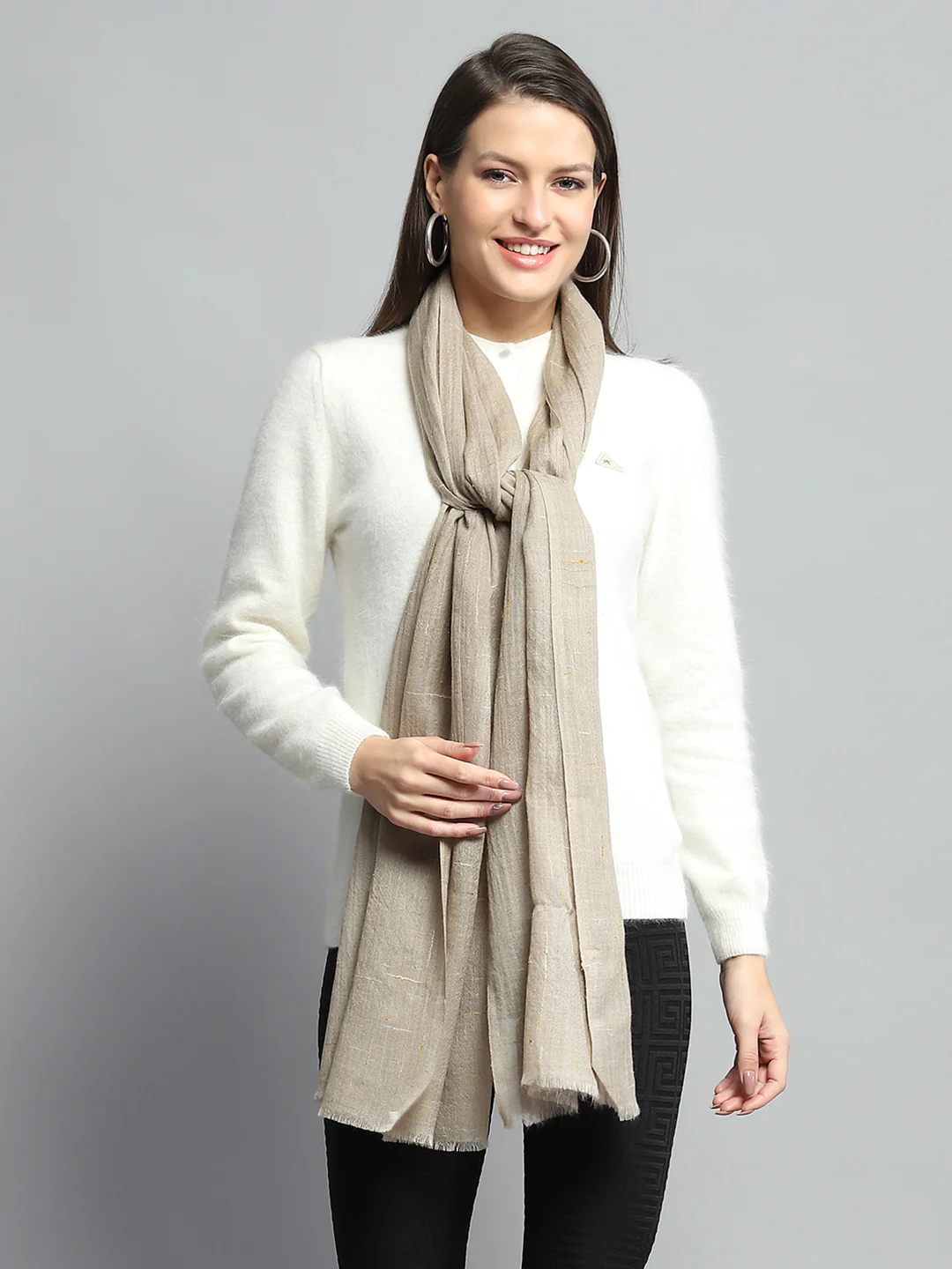 Women Beige Self Design Stole - Image 3