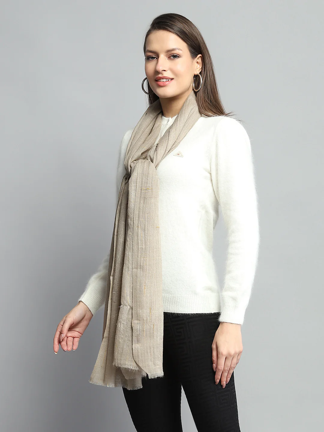 Women Beige Self Design Stole - Image 4