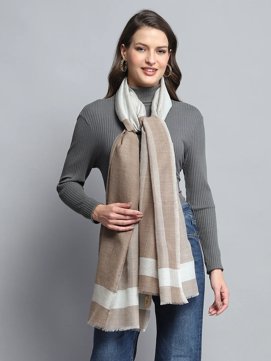 Women Beige Self Design Stole - Image 3