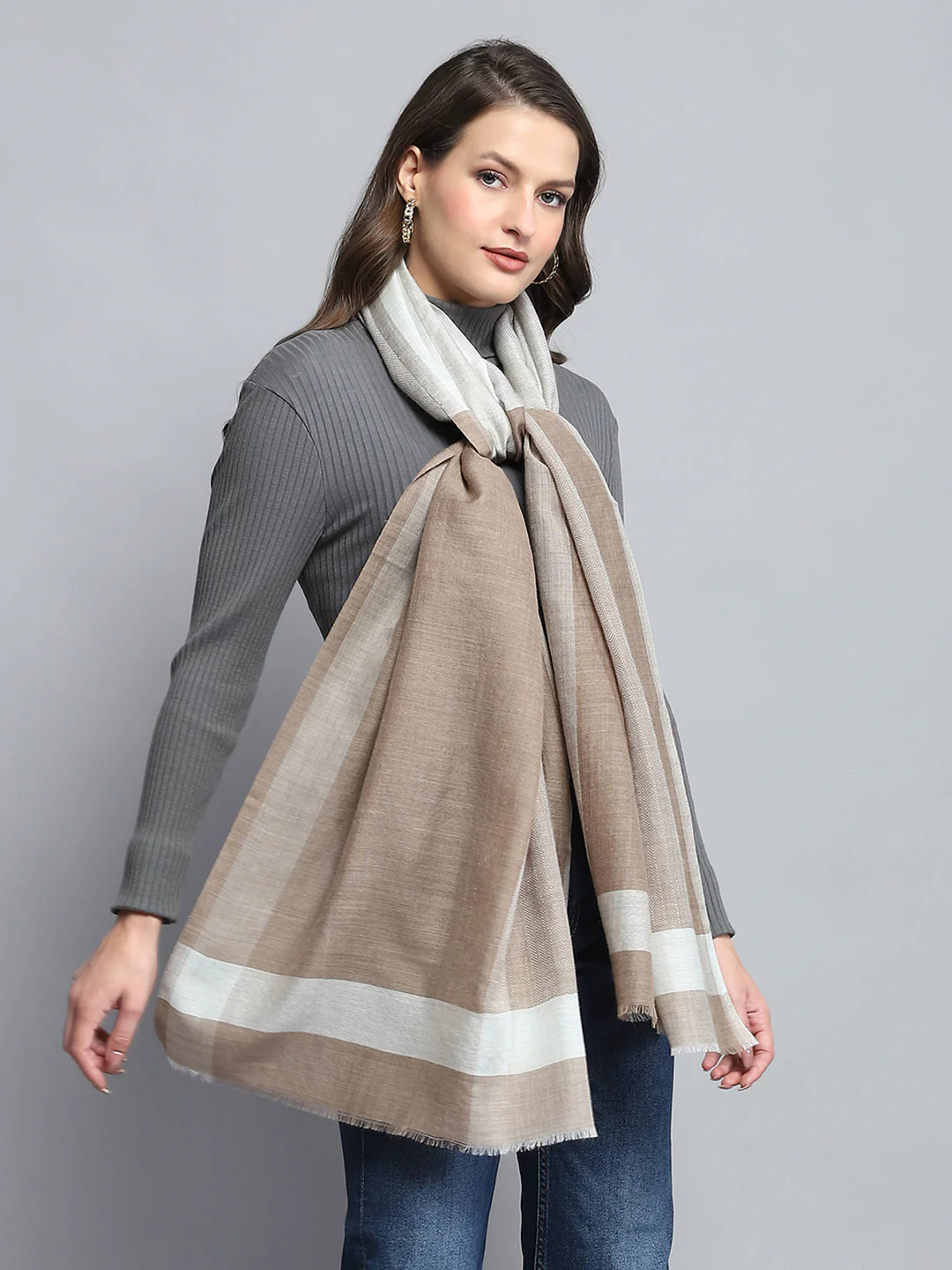 Women Beige Self Design Stole - Image 4