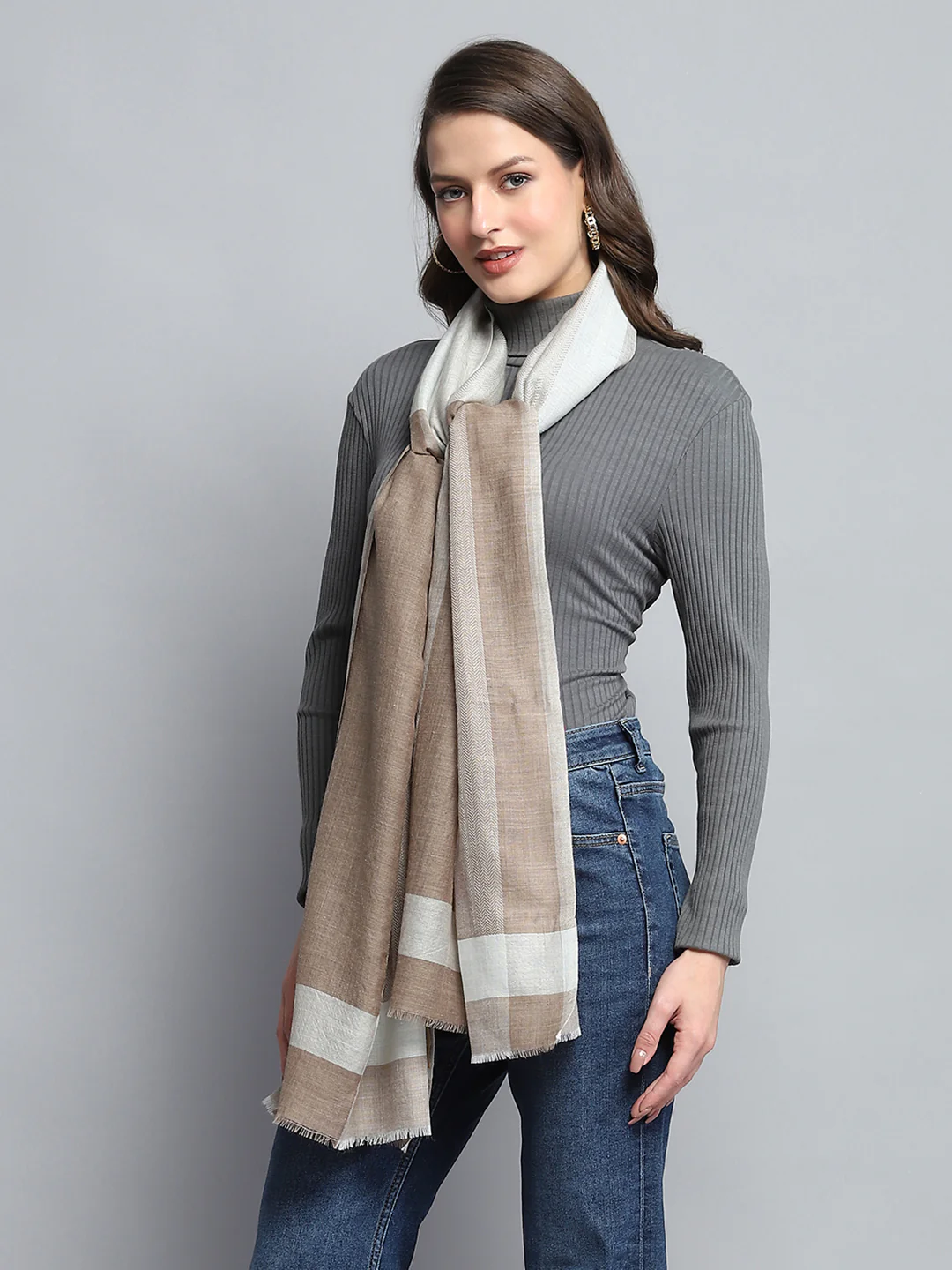 Women Beige Self Design Stole - Image 5
