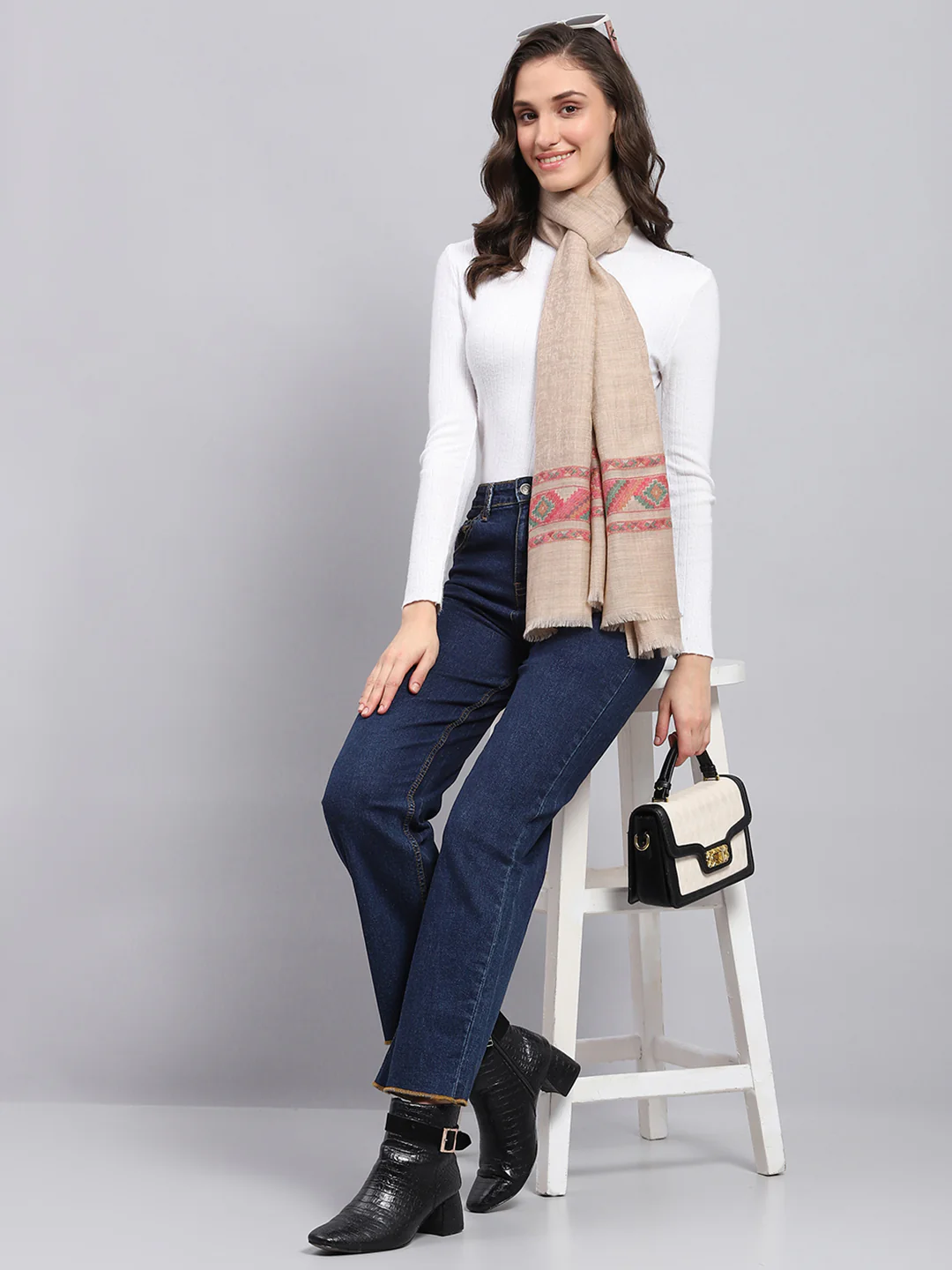 Women Beige Self Design Stole - Image 2