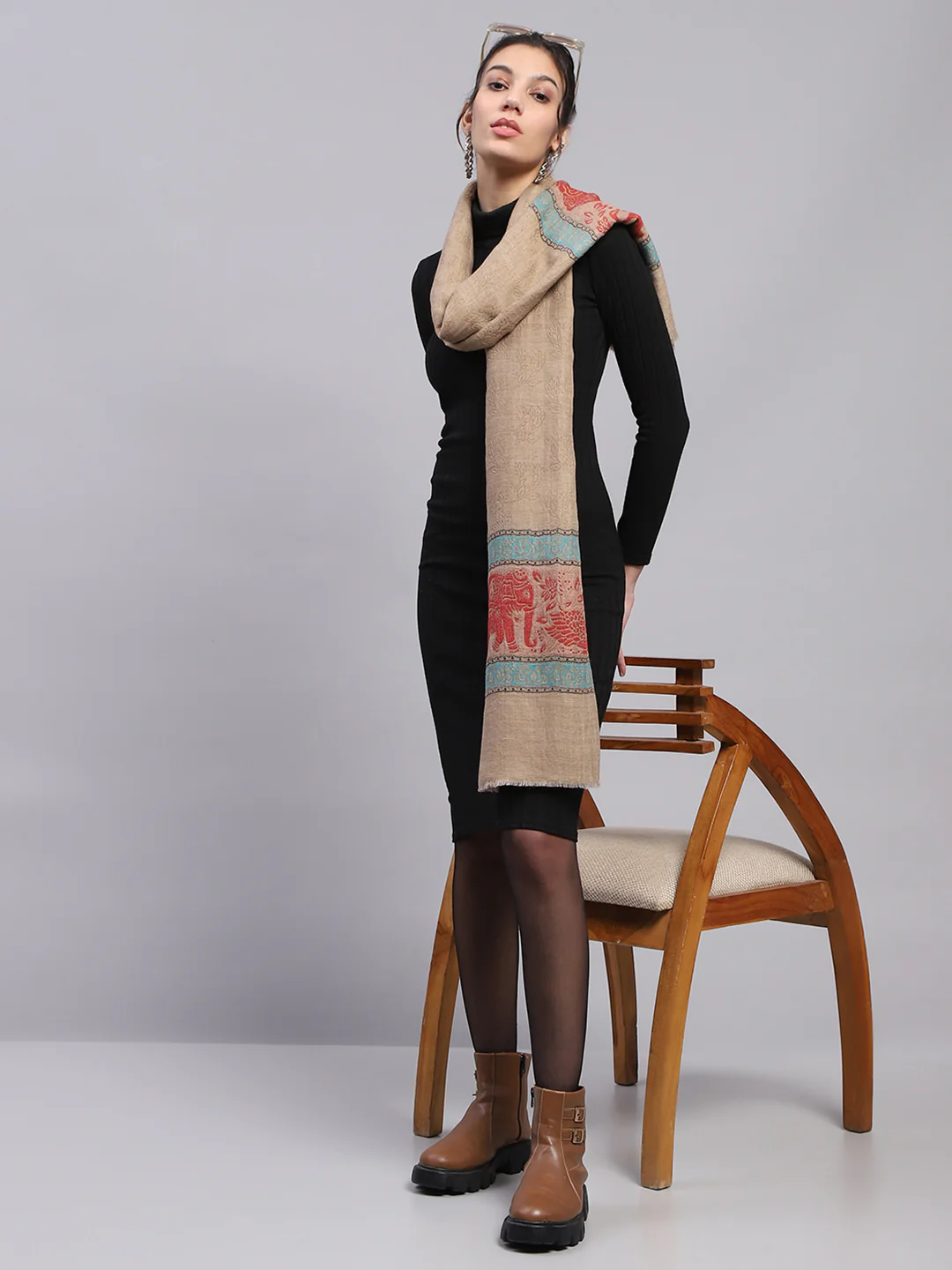 Women Beige Self Design Stole - Image 2