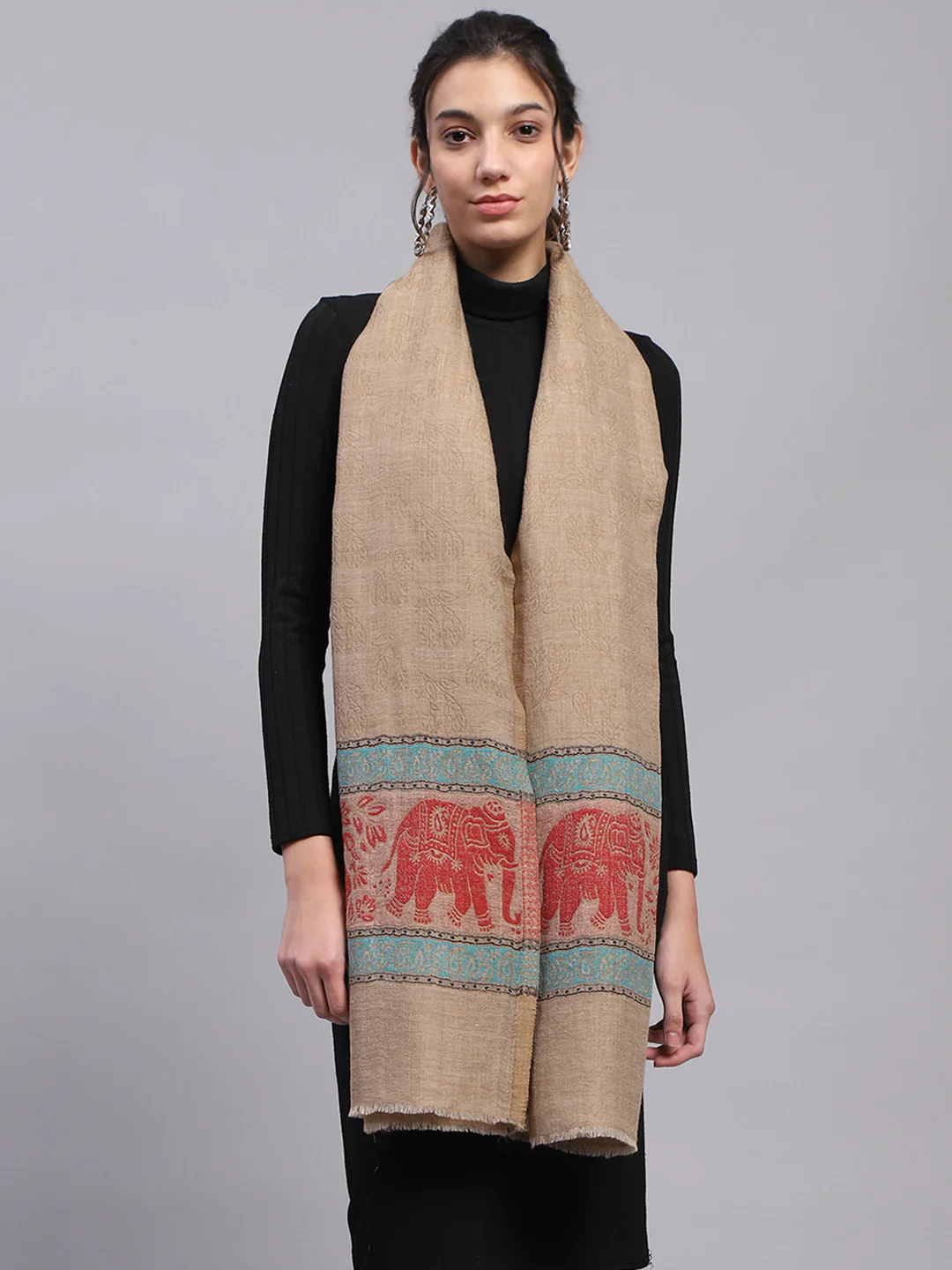 Women Beige Self Design Stole - Image 3