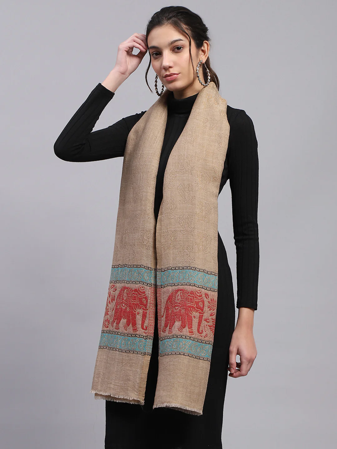 Women Beige Self Design Stole - Image 4
