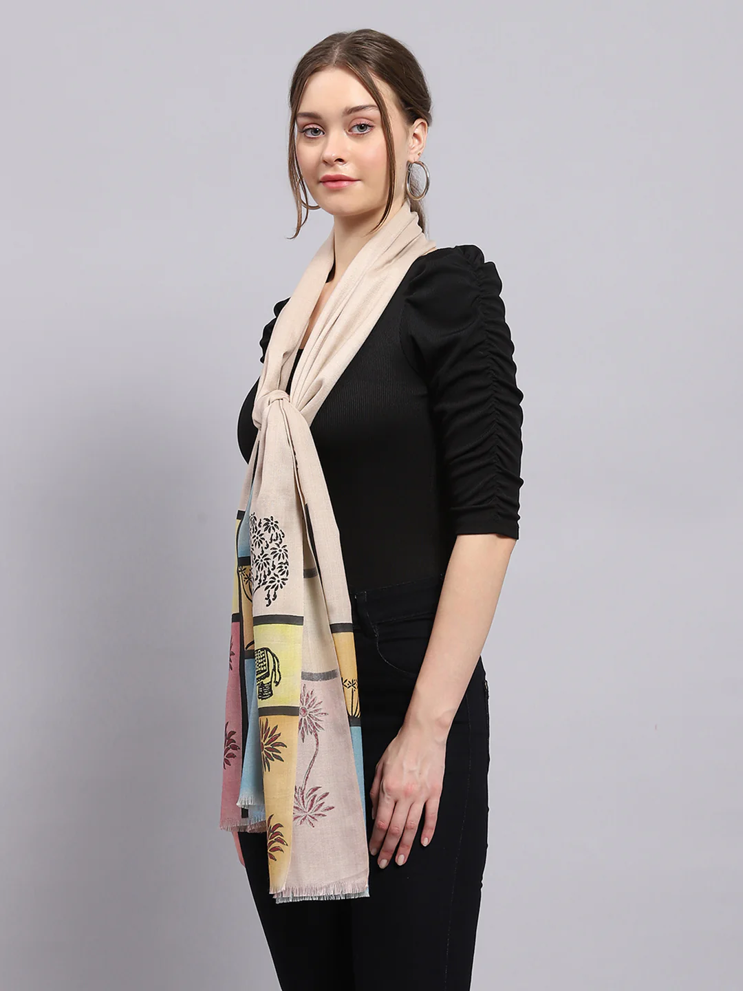 Women Beige Self Design Stole - Image 4