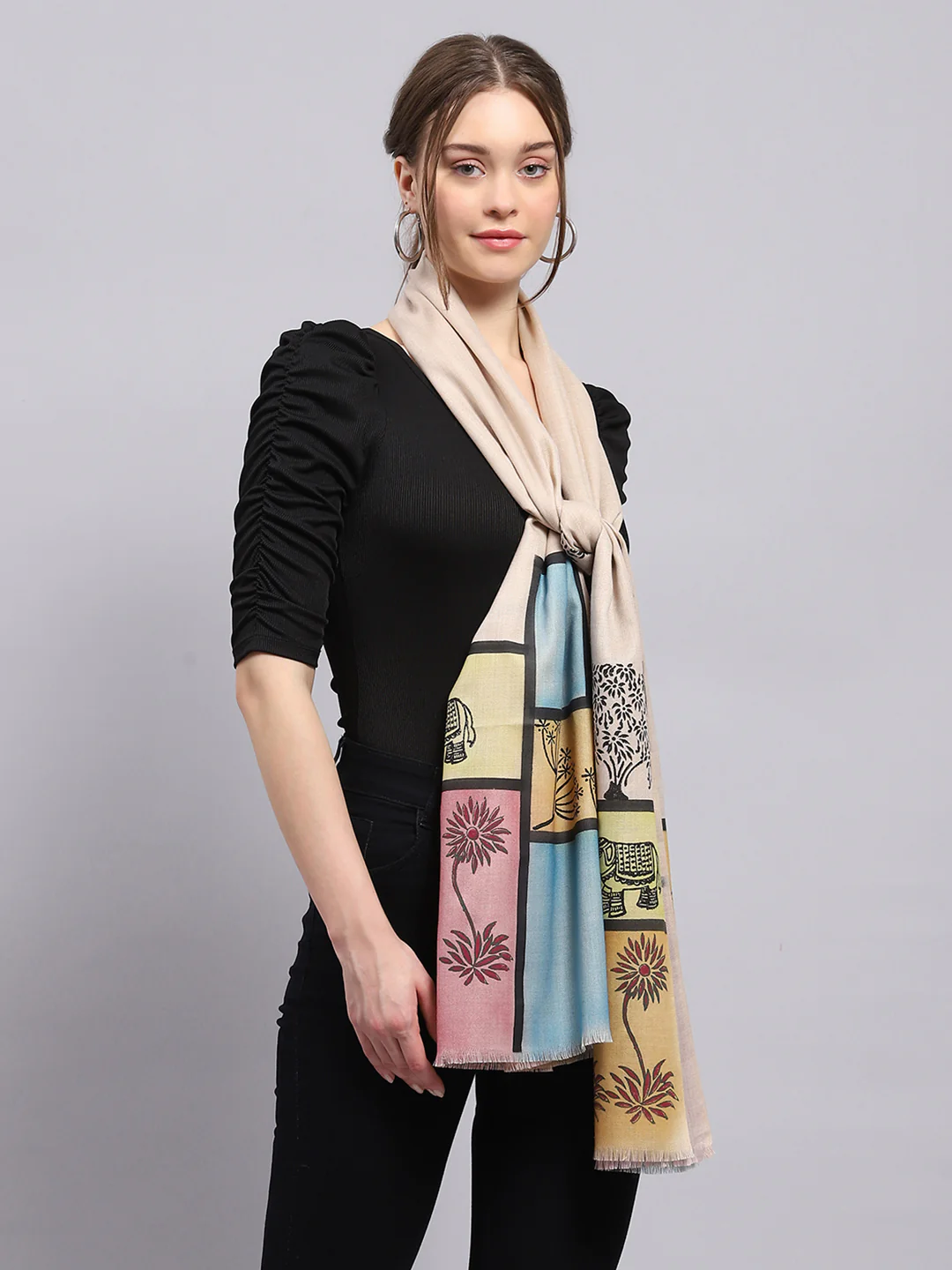 Women Beige Self Design Stole - Image 5