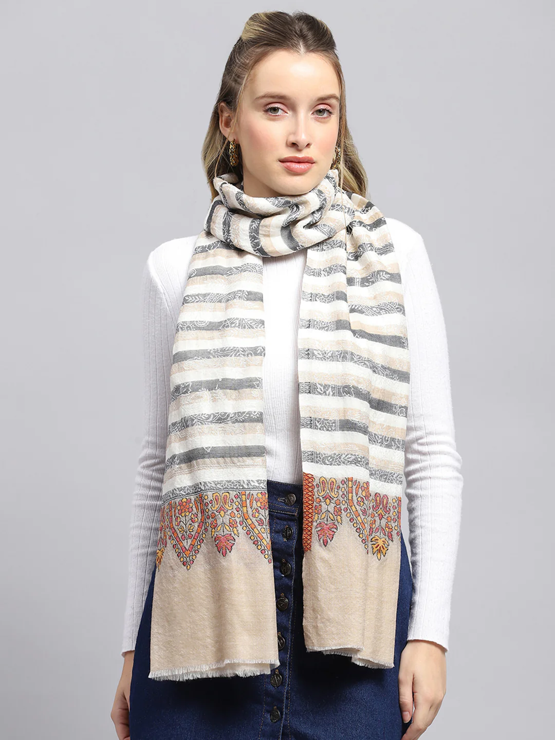 Women Beige Self Design Stole - Image 3