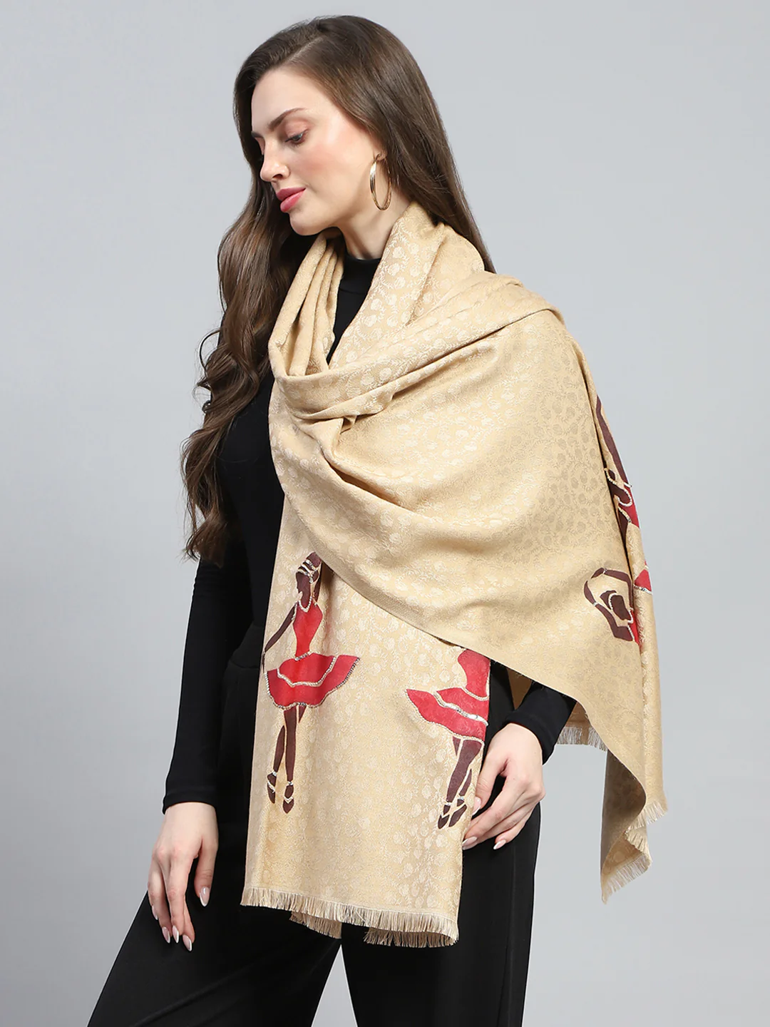 Women Beige Self Design Stole - Image 3