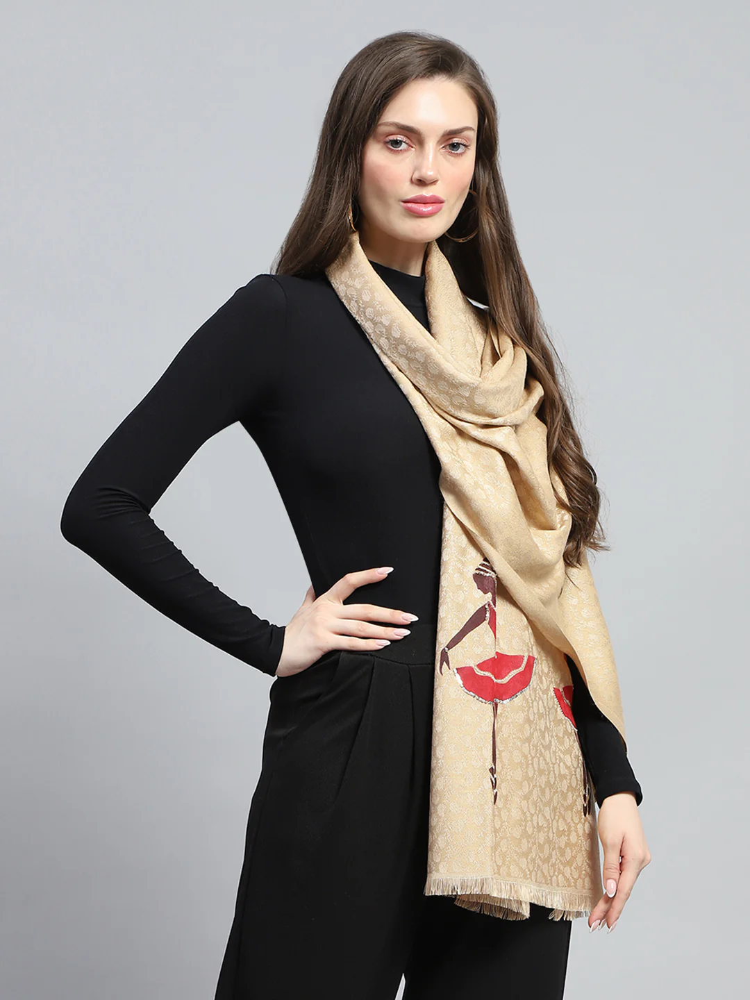 Women Beige Self Design Stole - Image 4