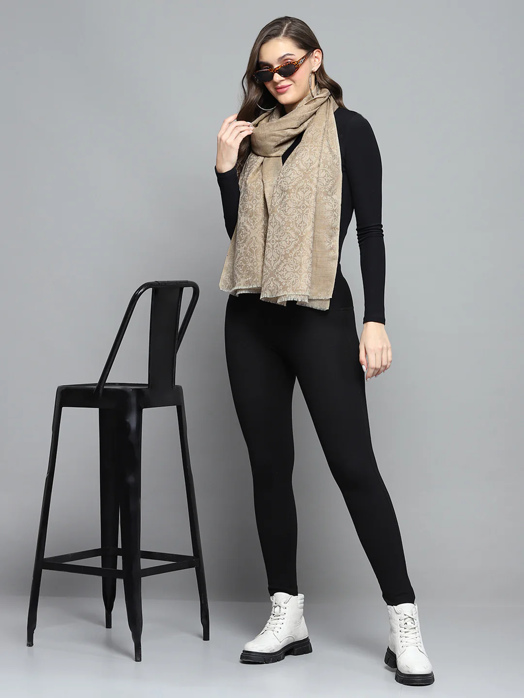 Women Beige Self Design Stole - Image 2