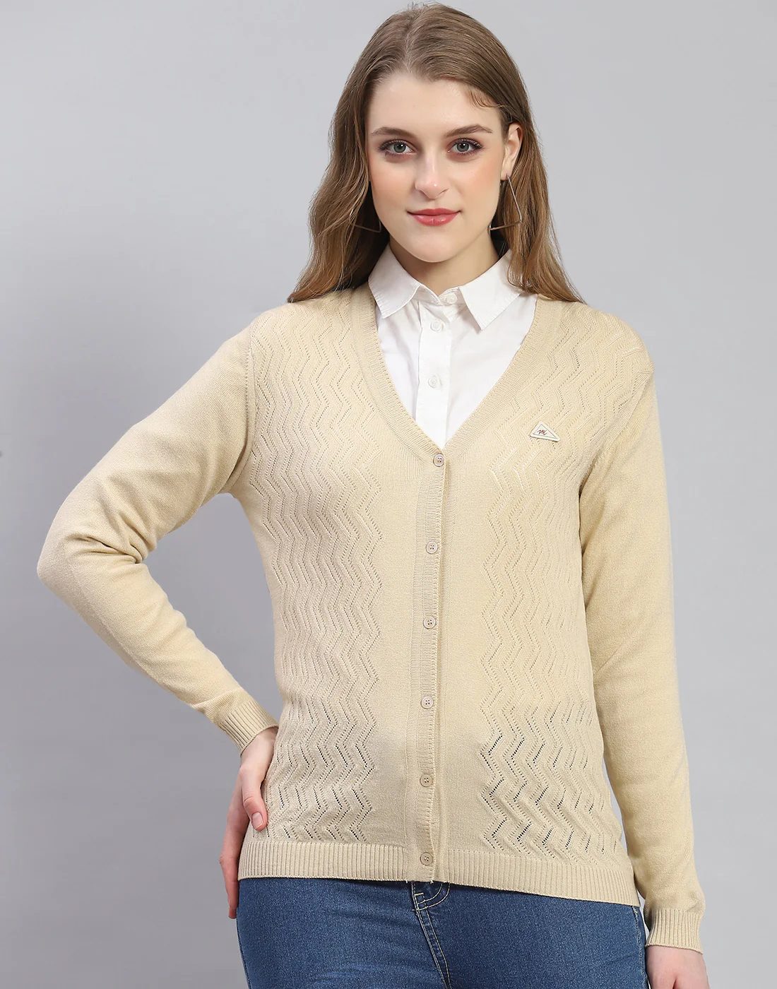 Women Beige Self Design V Neck Full Sleeve Cardigan - Image 2