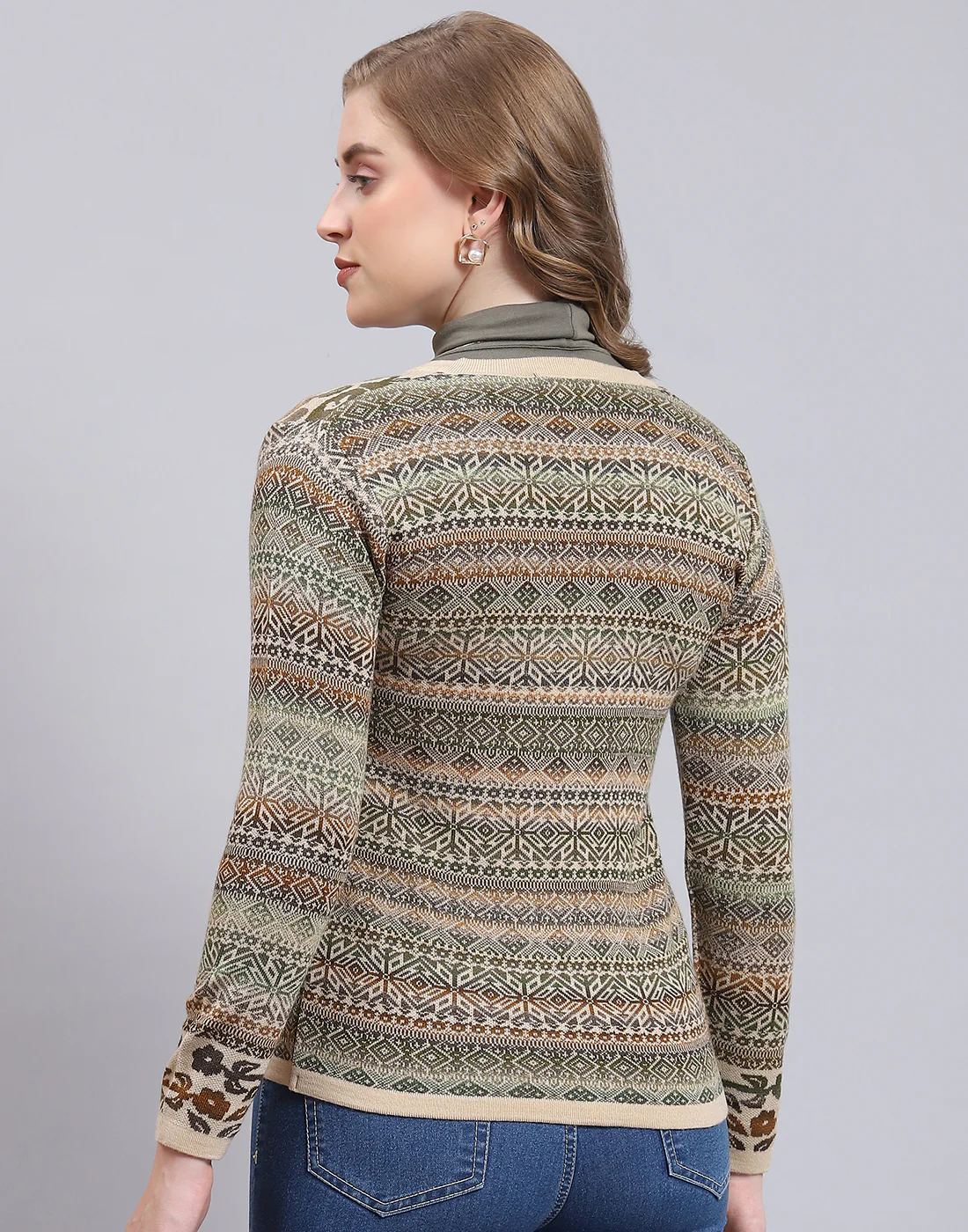 Women Beige Self Design V Neck Full Sleeve Cardigan - Image 6