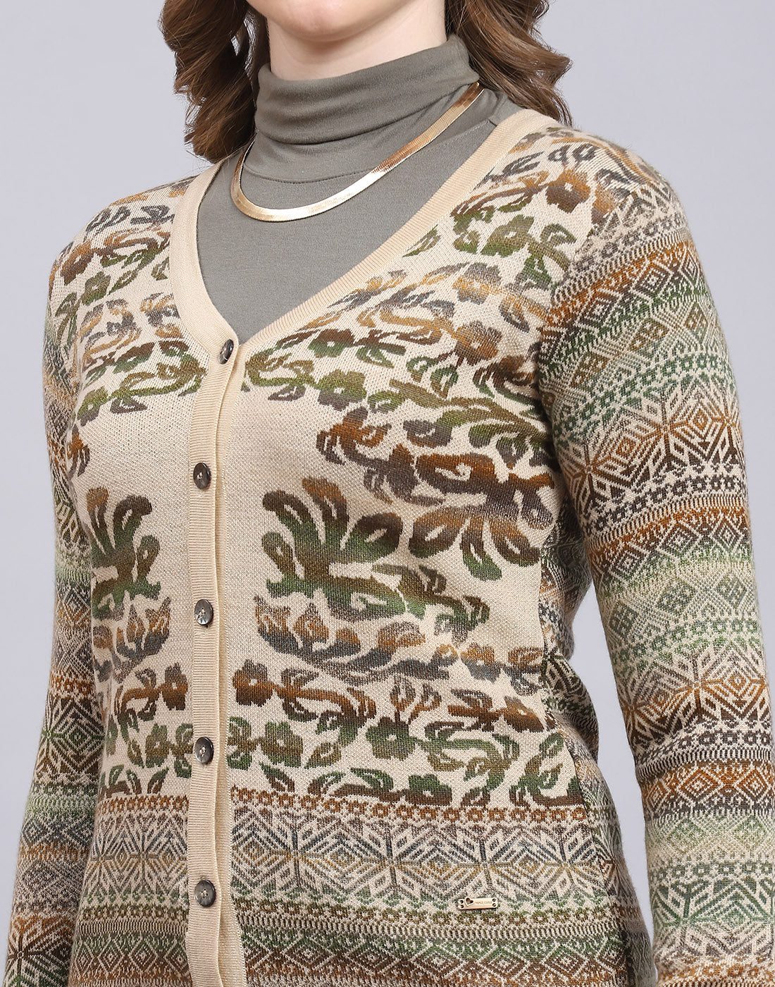Women Beige Self Design V Neck Full Sleeve Cardigan - Image 7