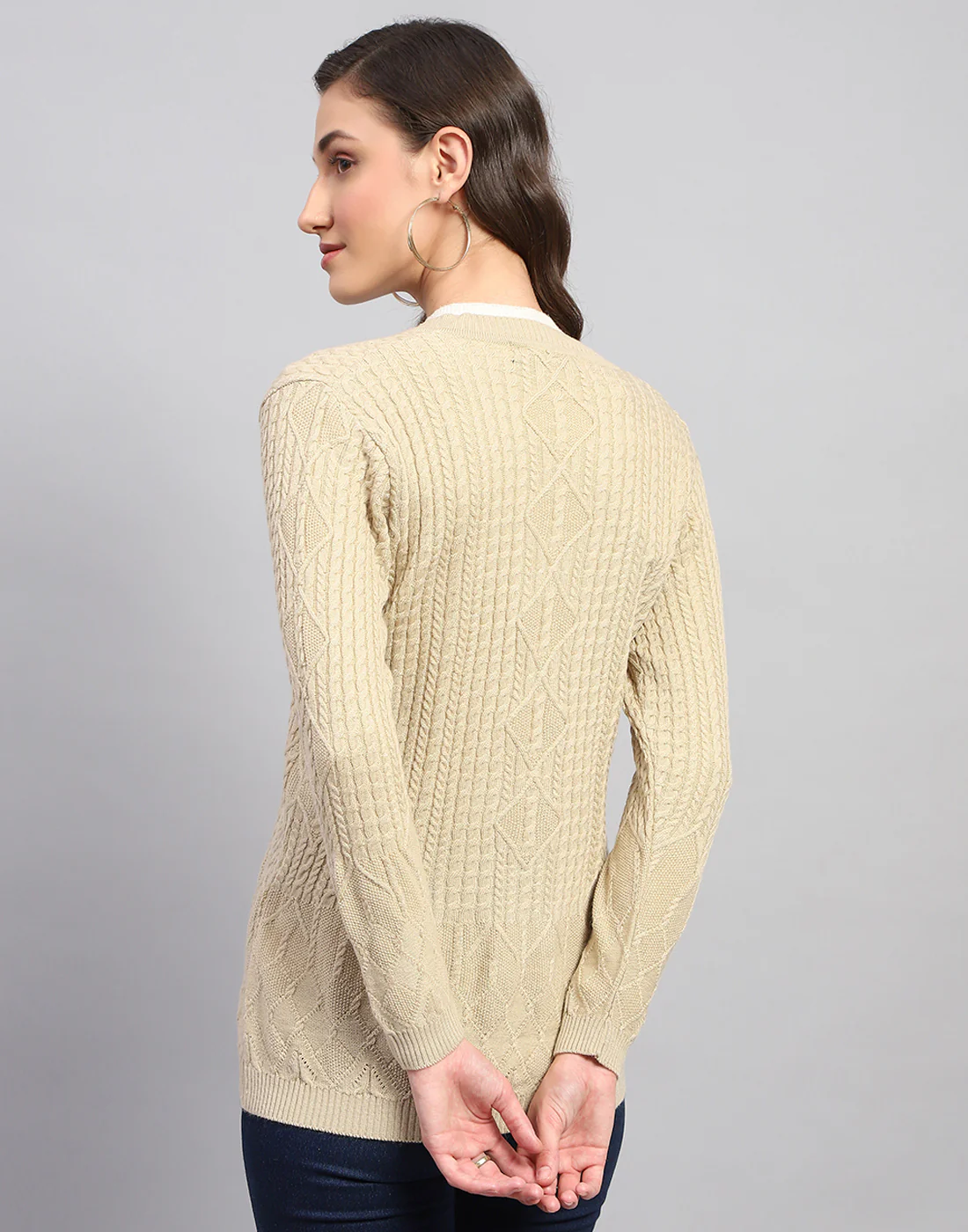 Women Beige Self Design V Neck Full Sleeve Cardigan - Image 6