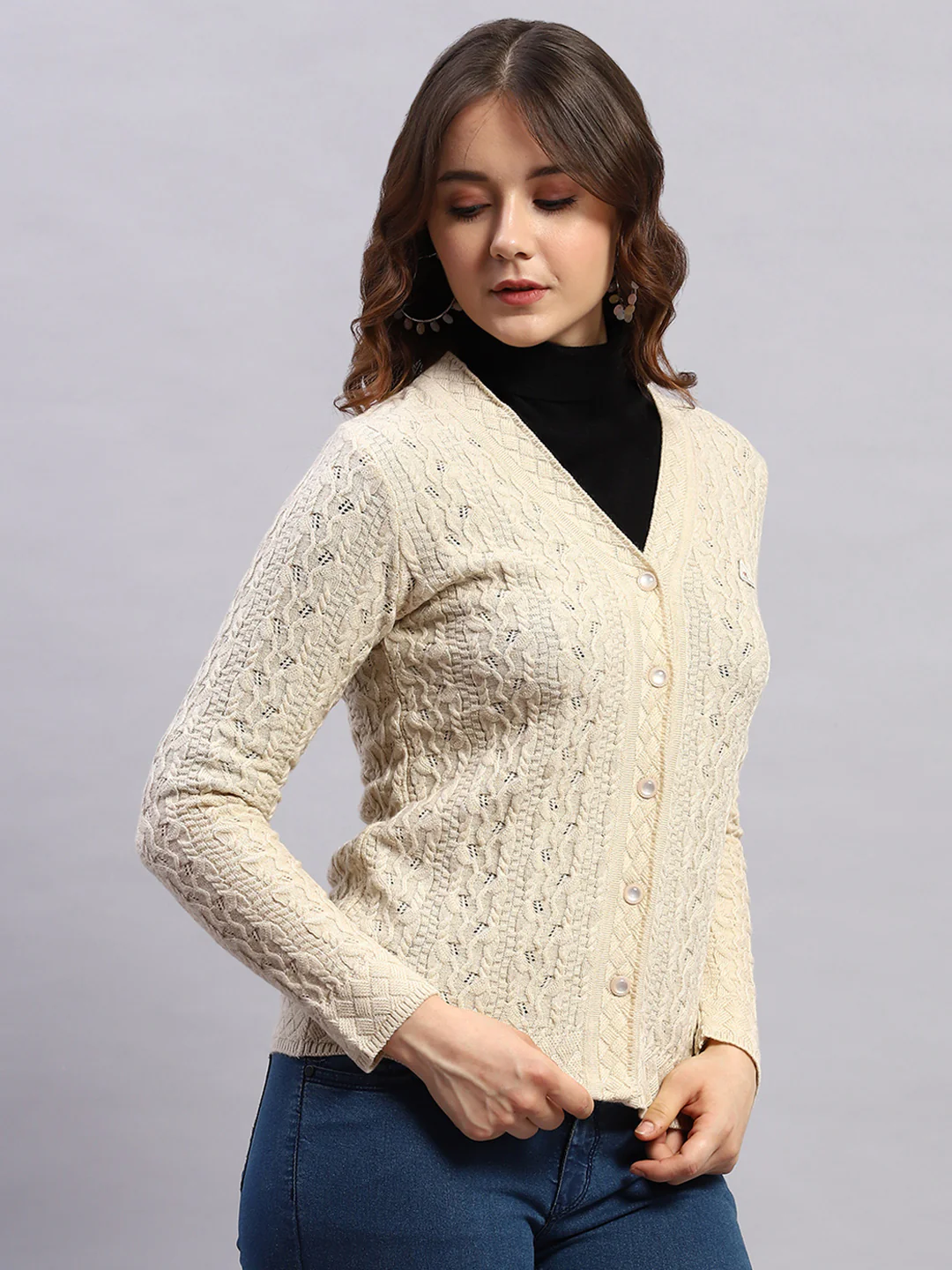 Women Beige Self Design V Neck Full Sleeve Cardigan - Image 4