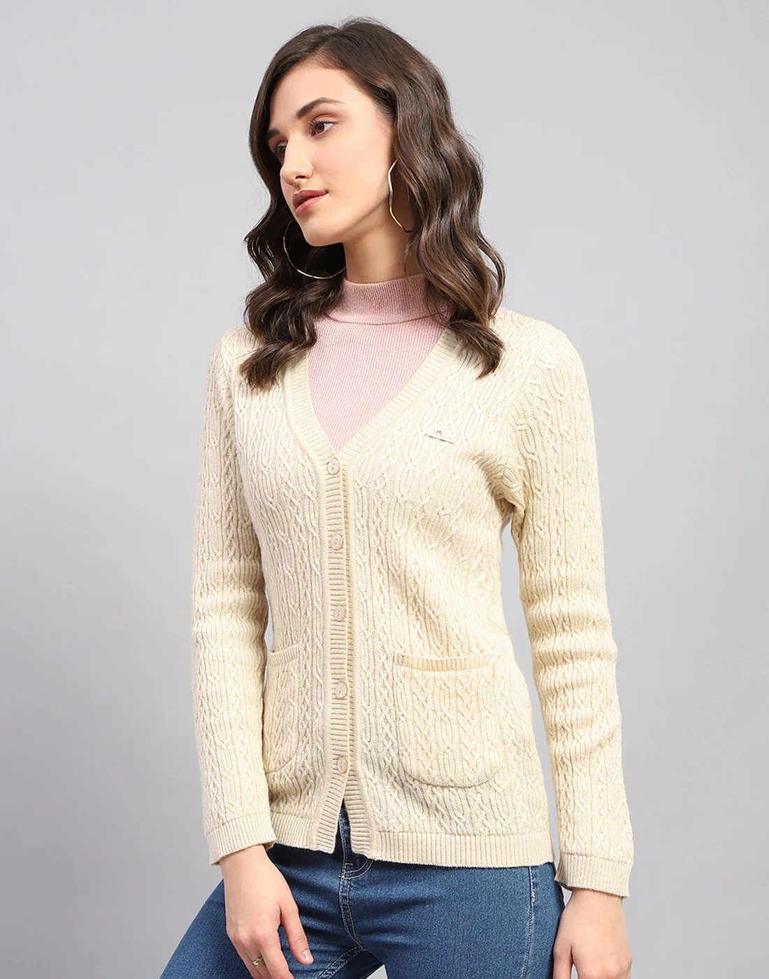 Women Beige Self Design V Neck Full Sleeve Cardigan - Image 3