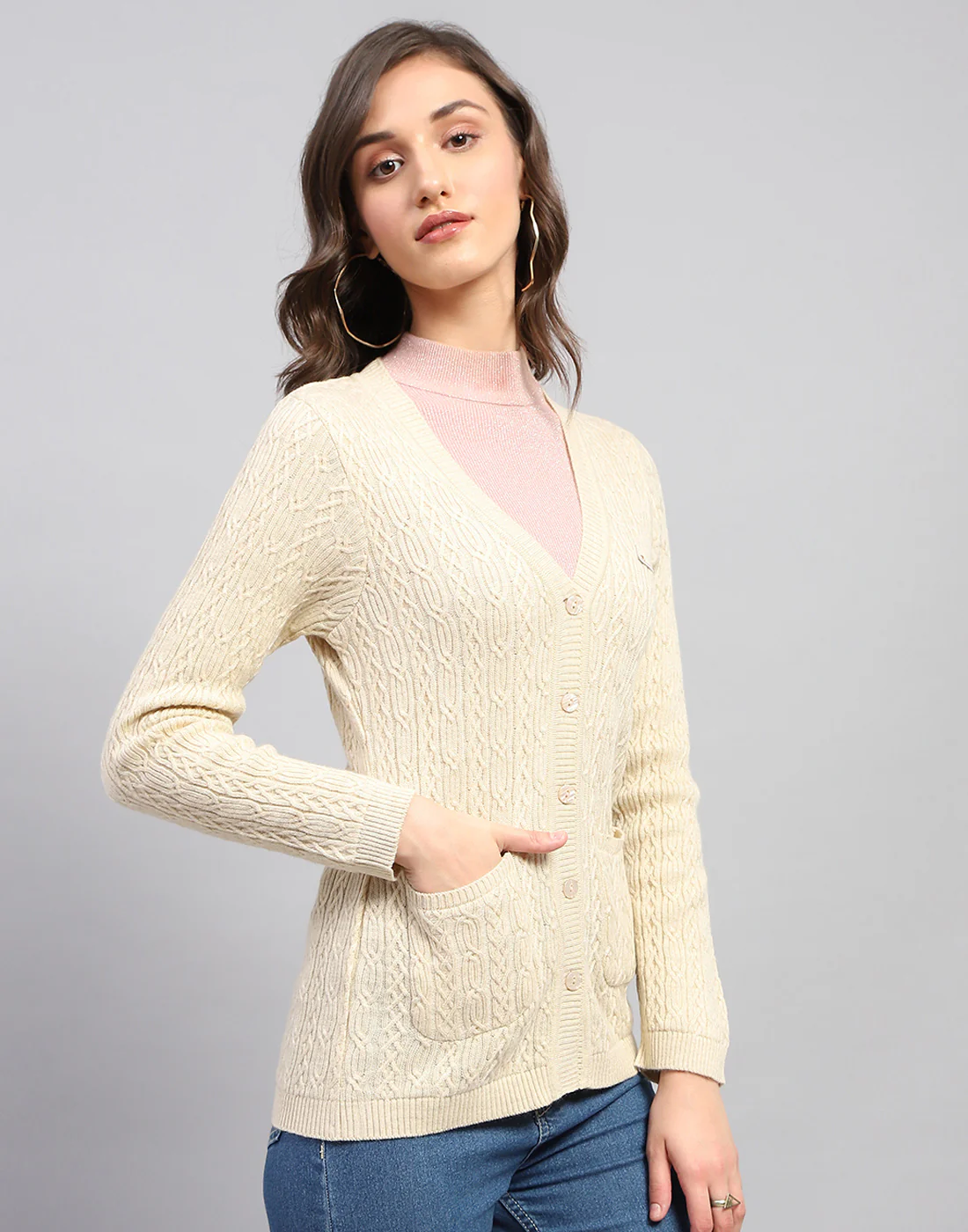 Women Beige Self Design V Neck Full Sleeve Cardigan - Image 4