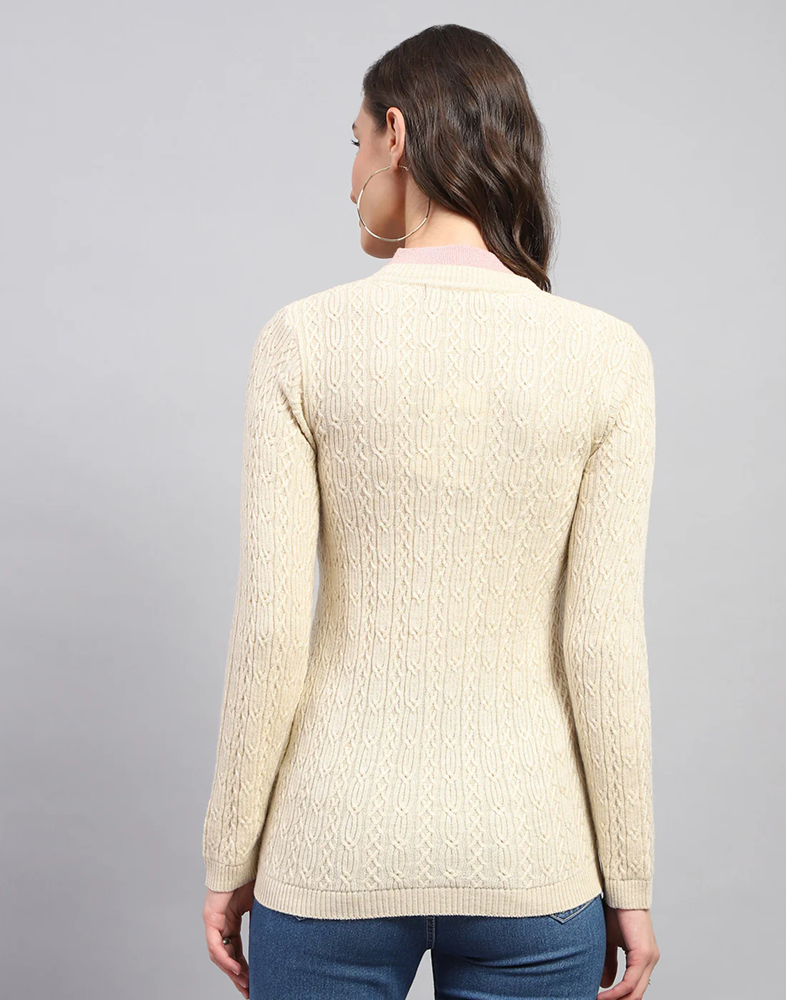 Women Beige Self Design V Neck Full Sleeve Cardigan - Image 5