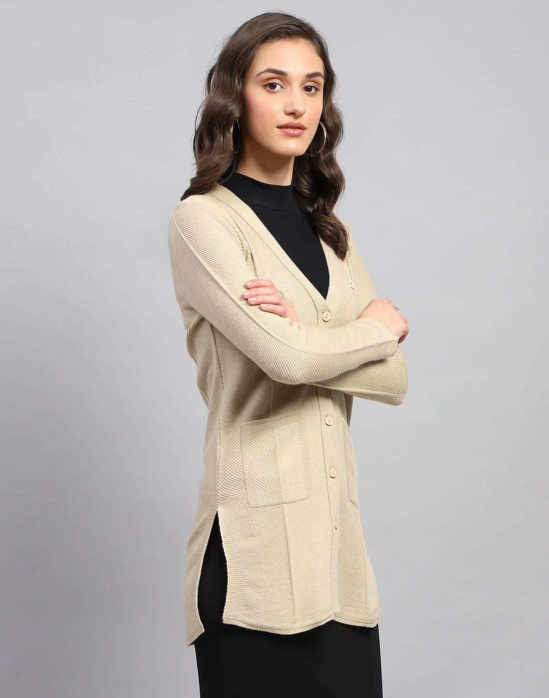 Women Beige Self Design V Neck Full Sleeve Cardigan - Image 5