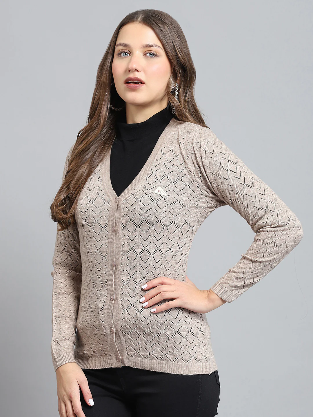 Women Beige Self Design V Neck Full Sleeve Cardigan - Image 3