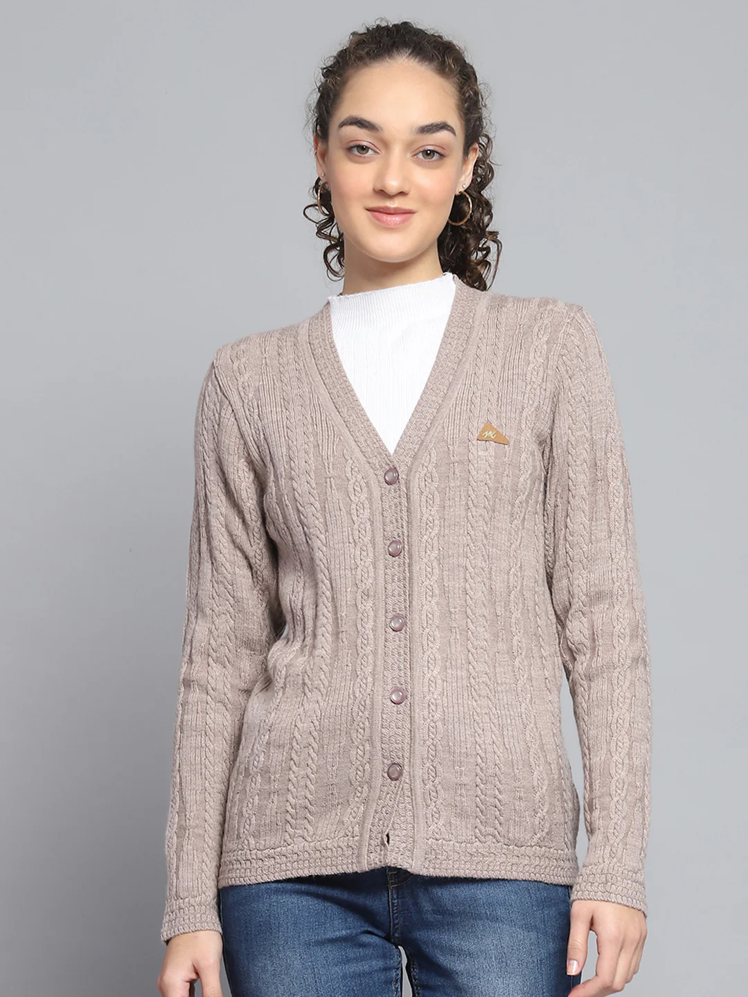 Women Beige Self Design V Neck Full Sleeve Cardigan