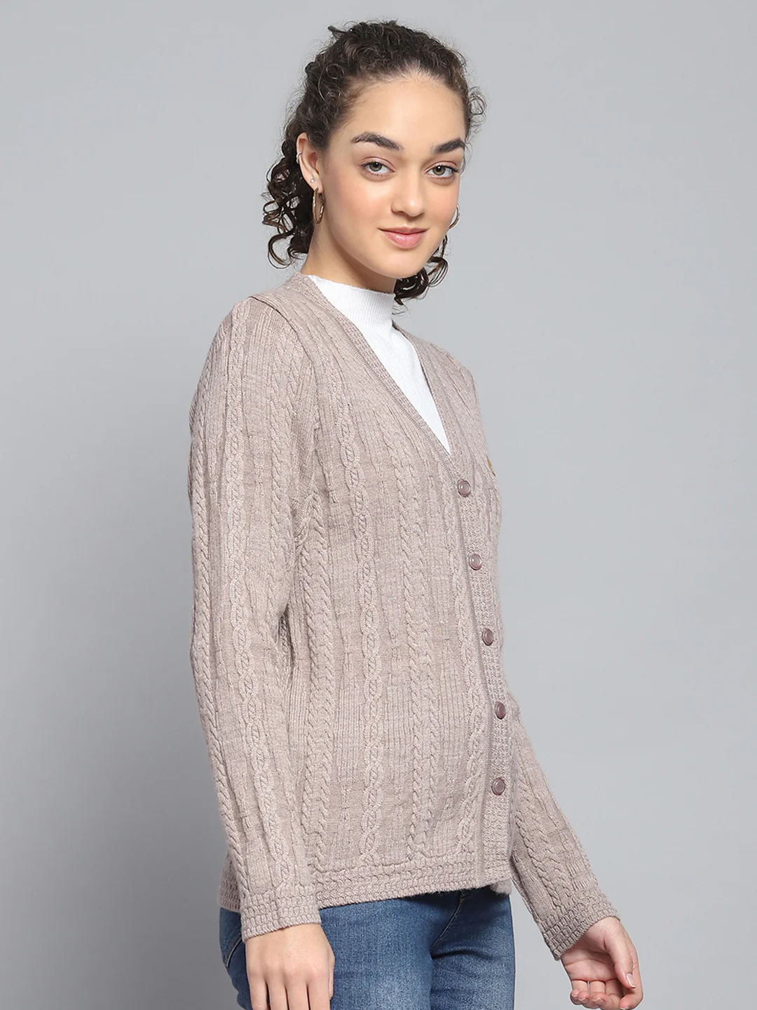 Women Beige Self Design V Neck Full Sleeve Cardigan - Image 4