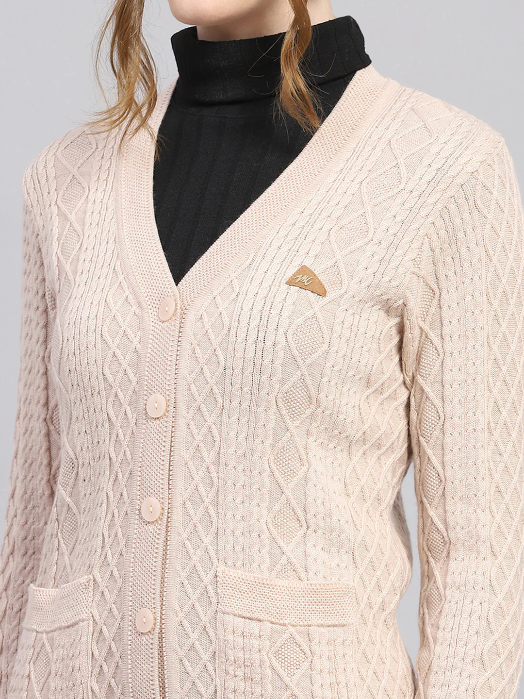 Women Beige Self Design V Neck Full Sleeve Cardigan - Image 6