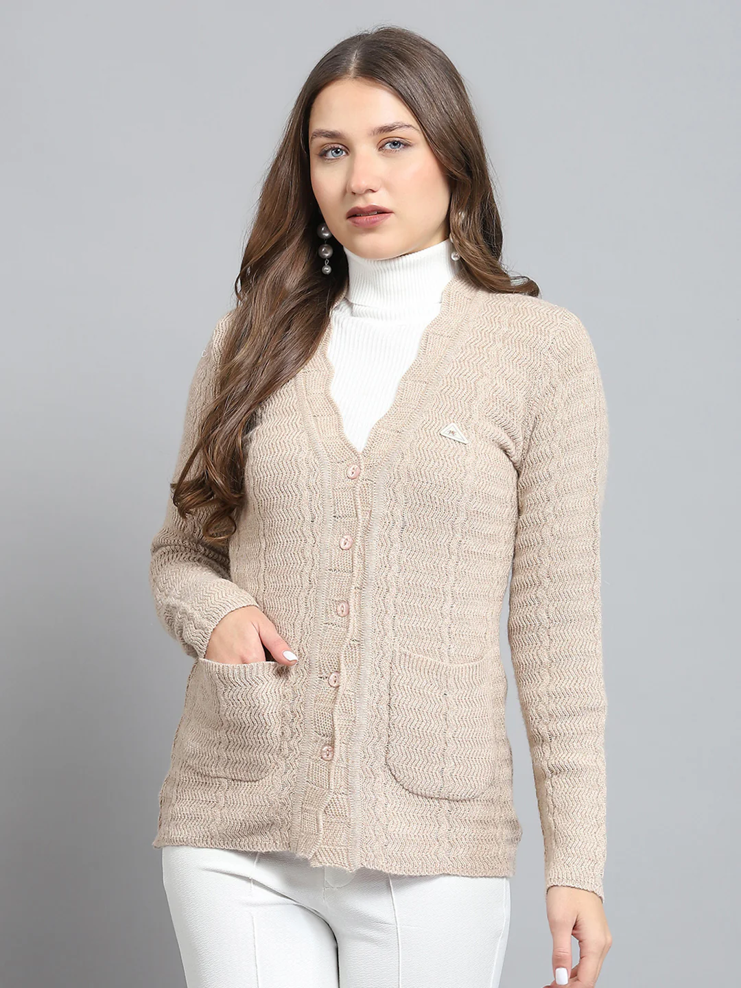 Women Beige Self Design V Neck Full Sleeve Cardigan