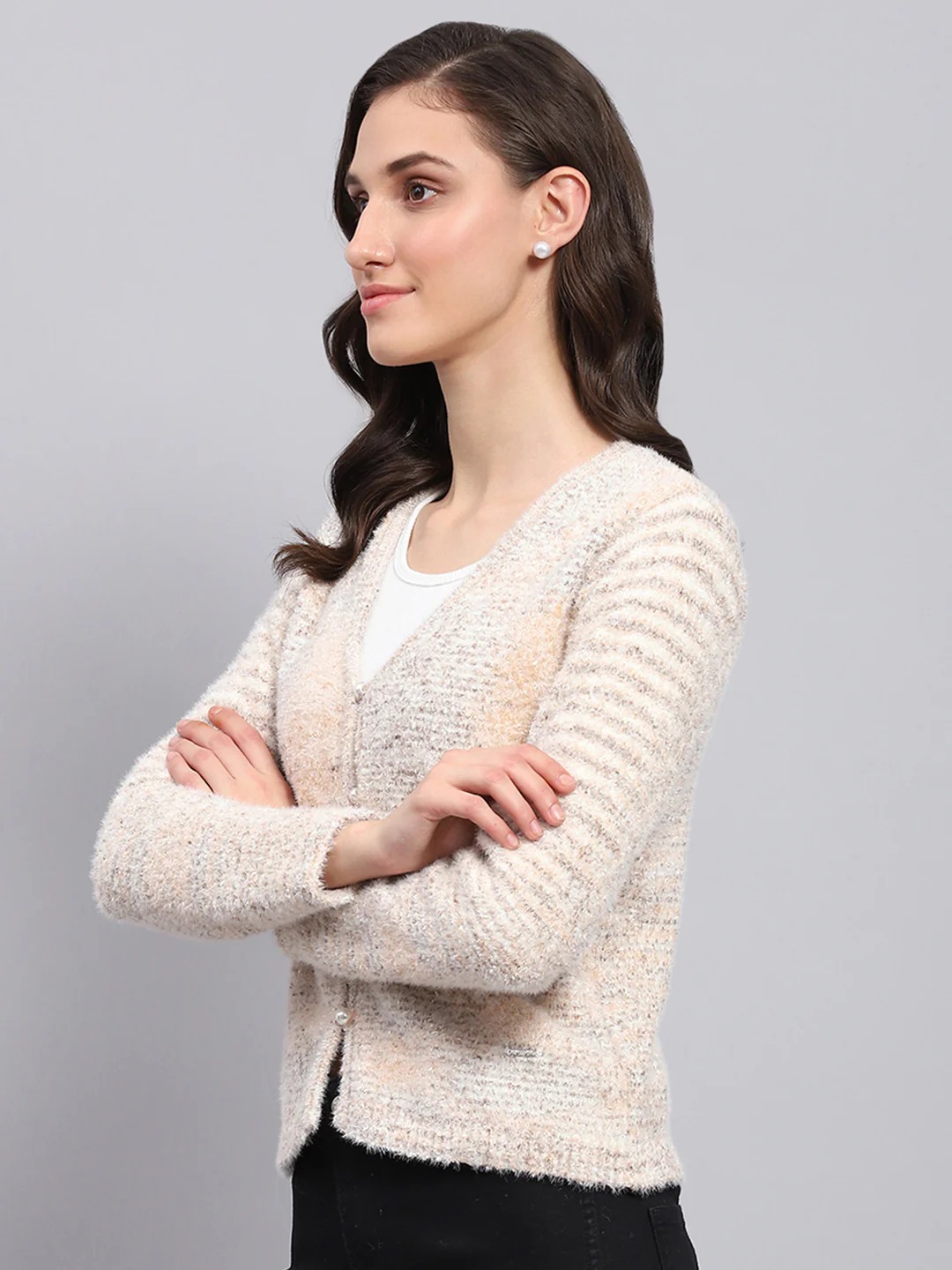 Women Beige Self Design V Neck Full Sleeve Cardigan - Image 3