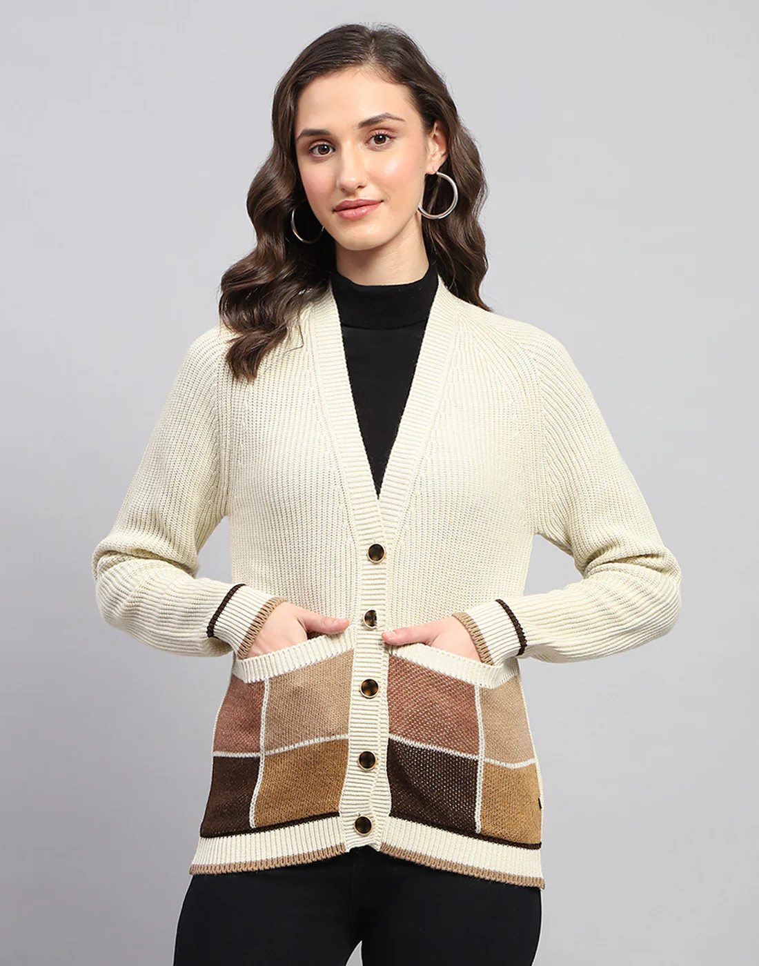 Women Beige Self Design V Neck Full Sleeve Cardigan - Image 3