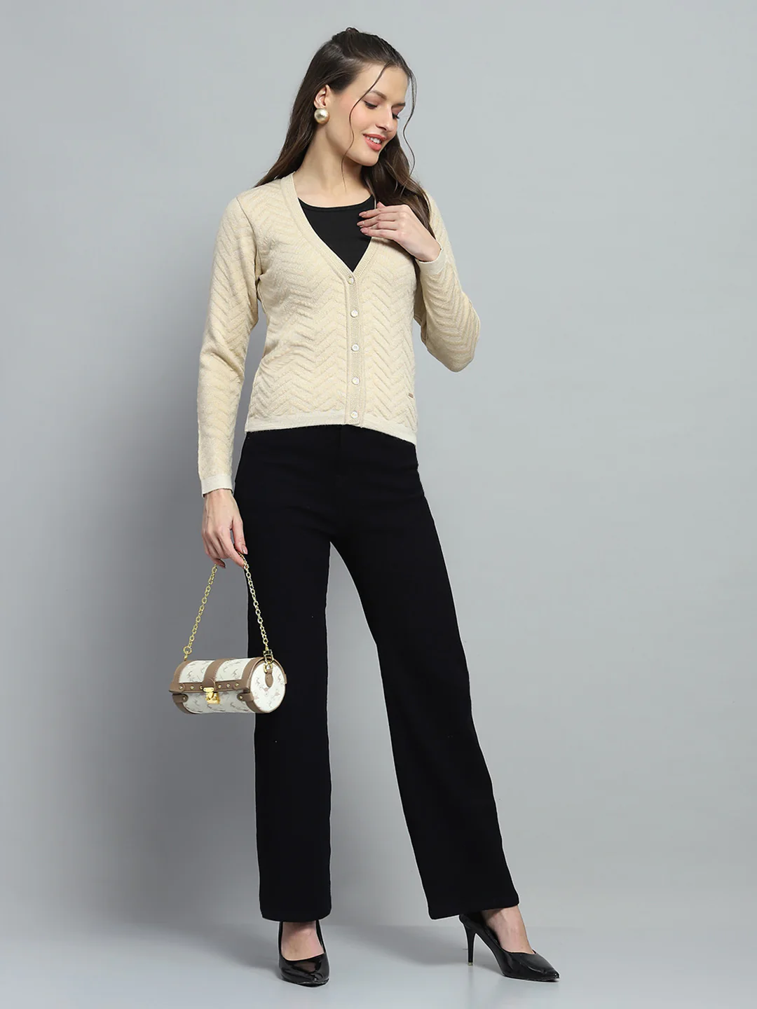 Women Beige Self Design V Neck Full Sleeve Cardigan - Image 2