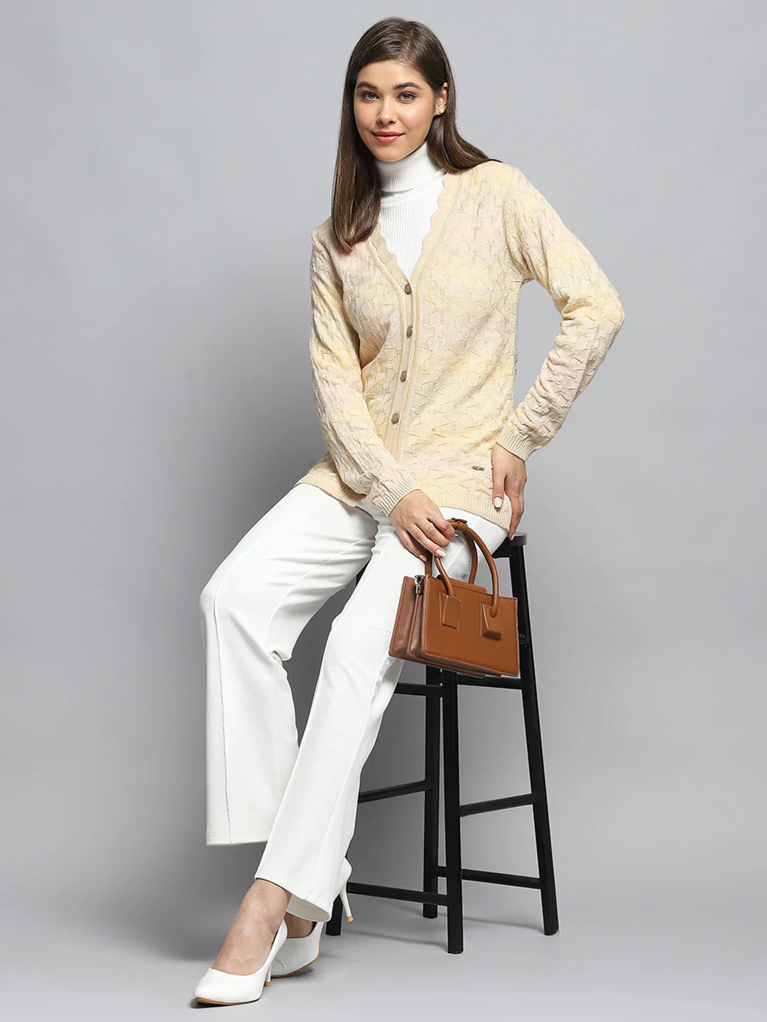 Women Beige Self Design V Neck Full Sleeve Cardigan - Image 2