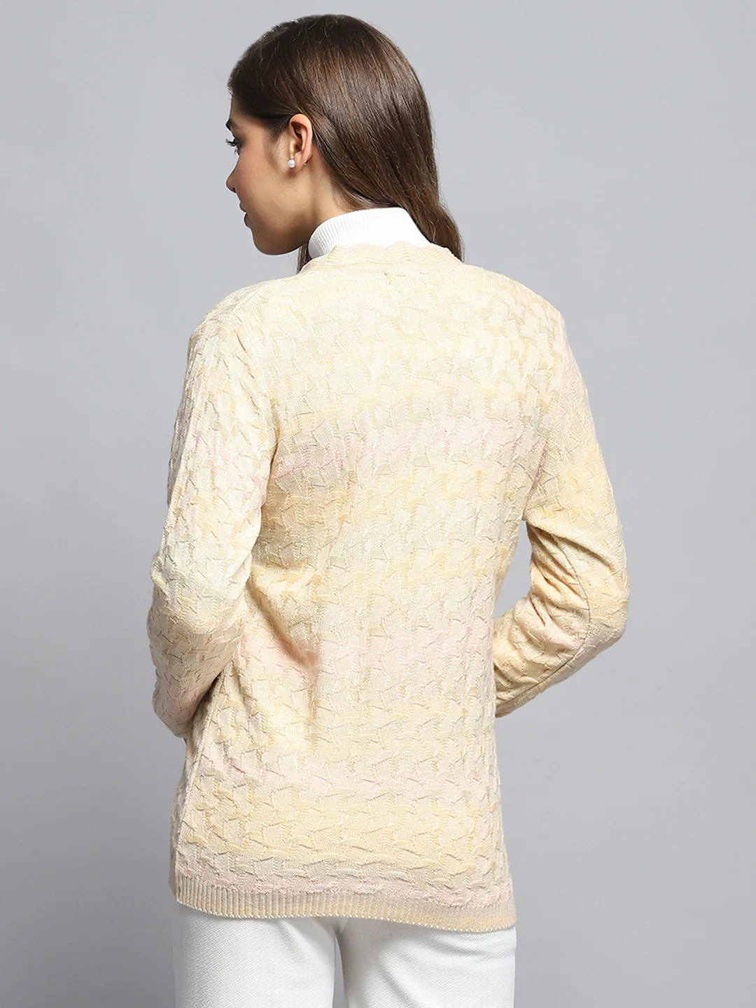 Women Beige Self Design V Neck Full Sleeve Cardigan - Image 5