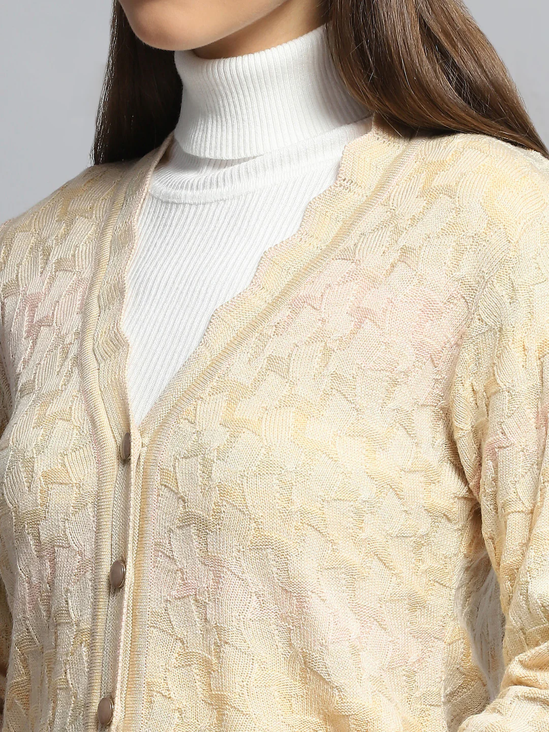 Women Beige Self Design V Neck Full Sleeve Cardigan - Image 6