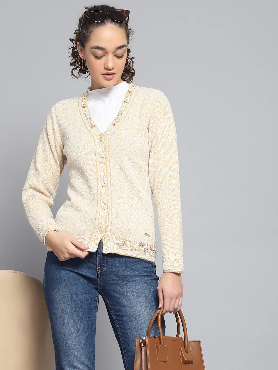 Women Beige Self Design V Neck Full Sleeve Cardigan - Image 6