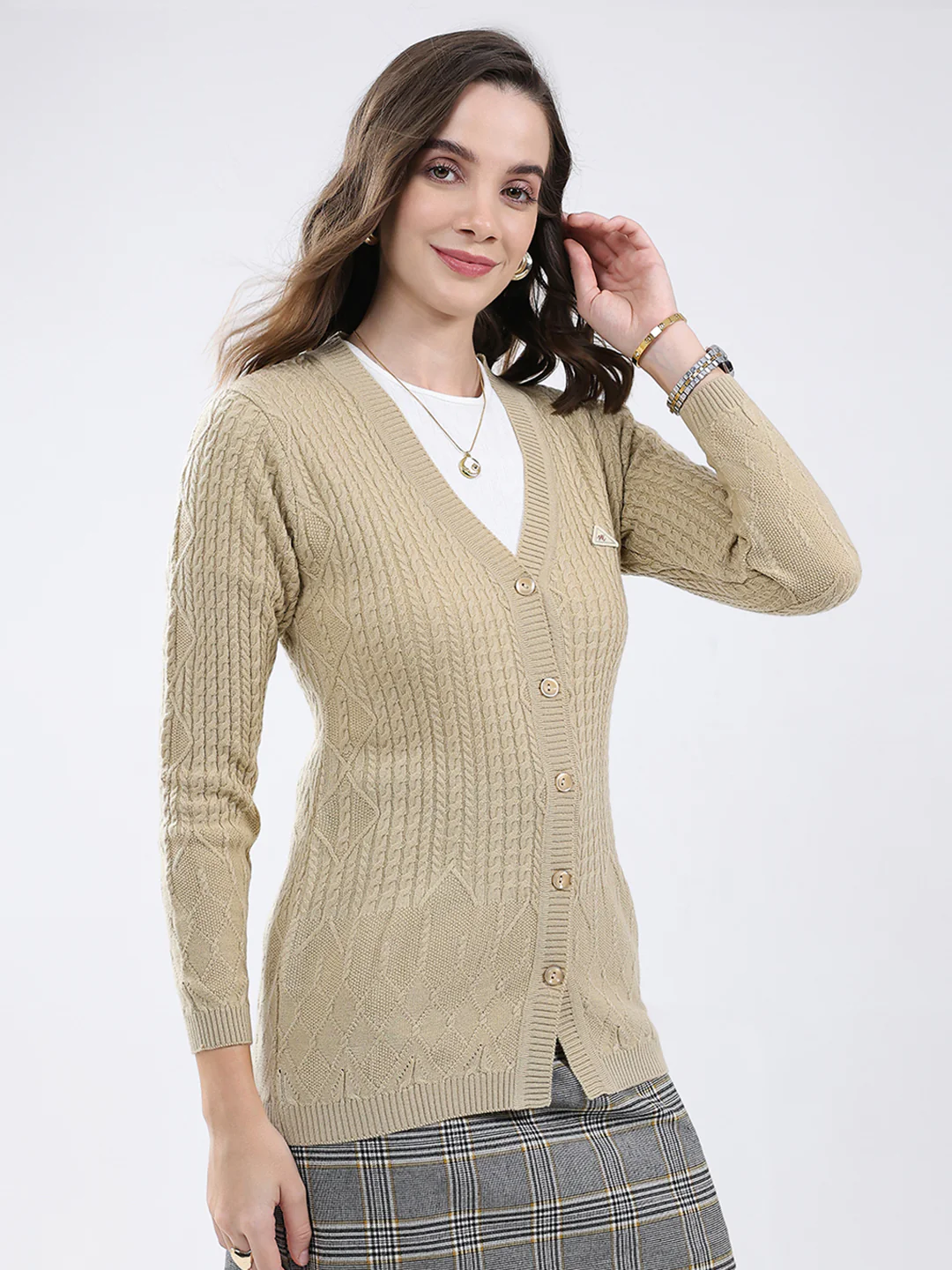Women Beige Self Design V Neck Full Sleeve Cardigan - Image 4