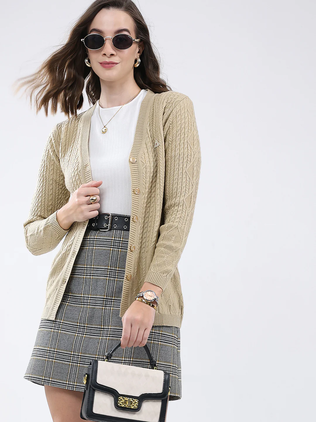 Women Beige Self Design V Neck Full Sleeve Cardigan - Image 6
