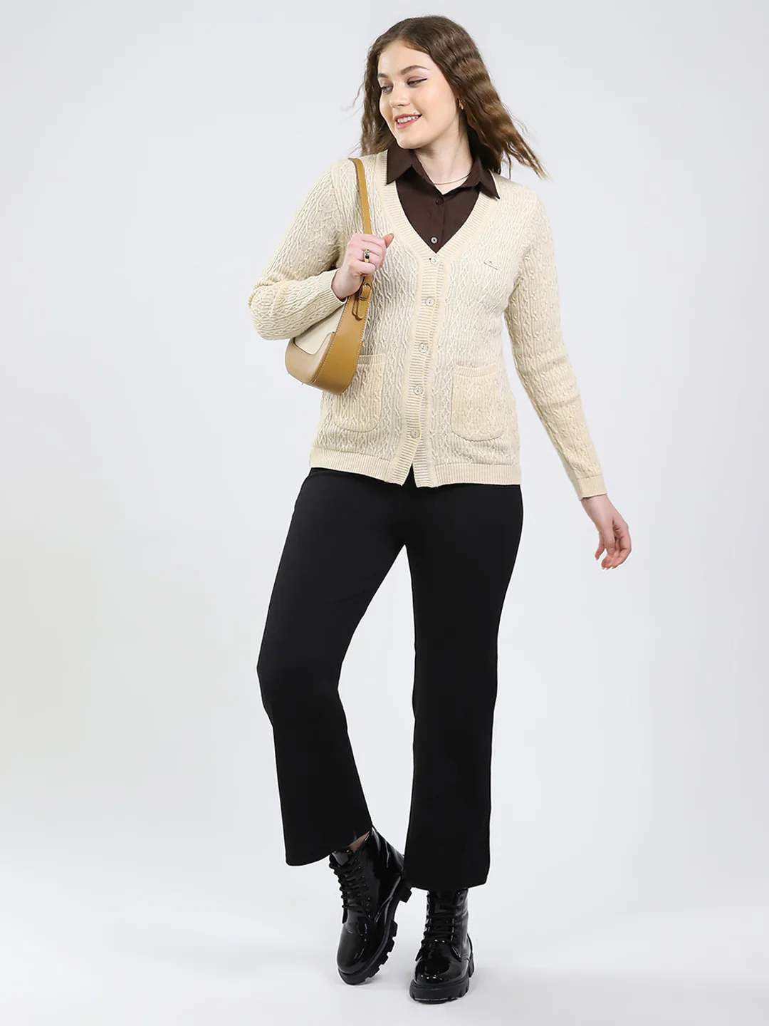 Women Beige Self Design V Neck Full Sleeve Cardigan - Image 2