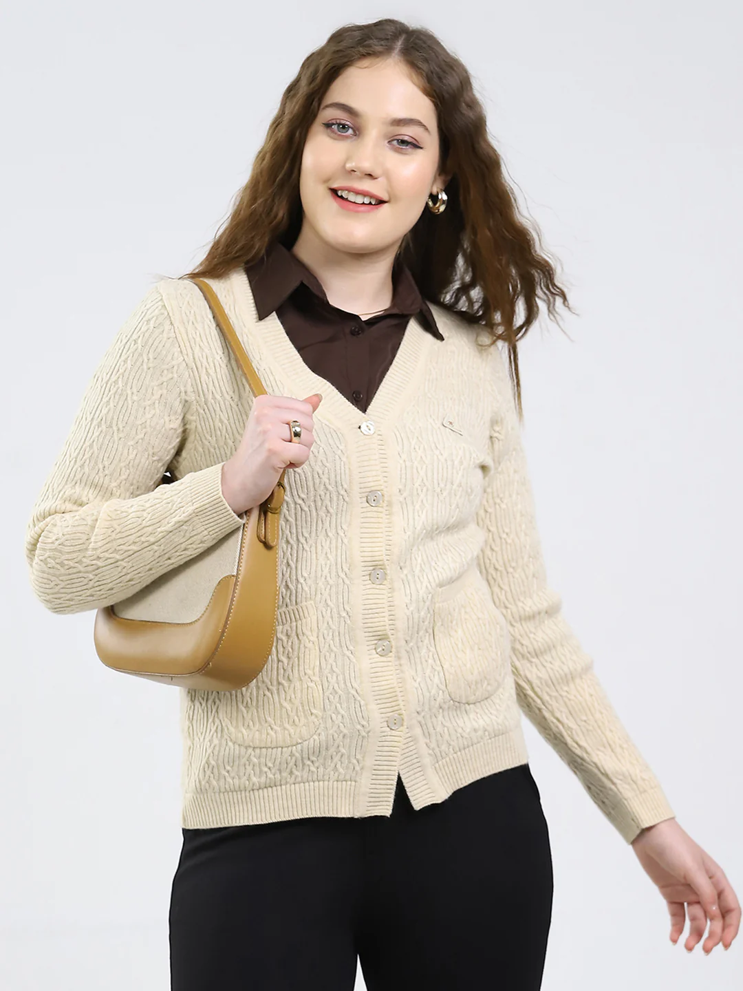 Women Beige Self Design V Neck Full Sleeve Cardigan - Image 6