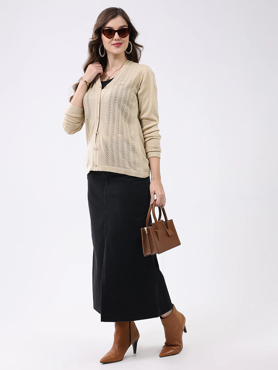 Women Beige Self Design V Neck Full Sleeve Cardigan - Image 2