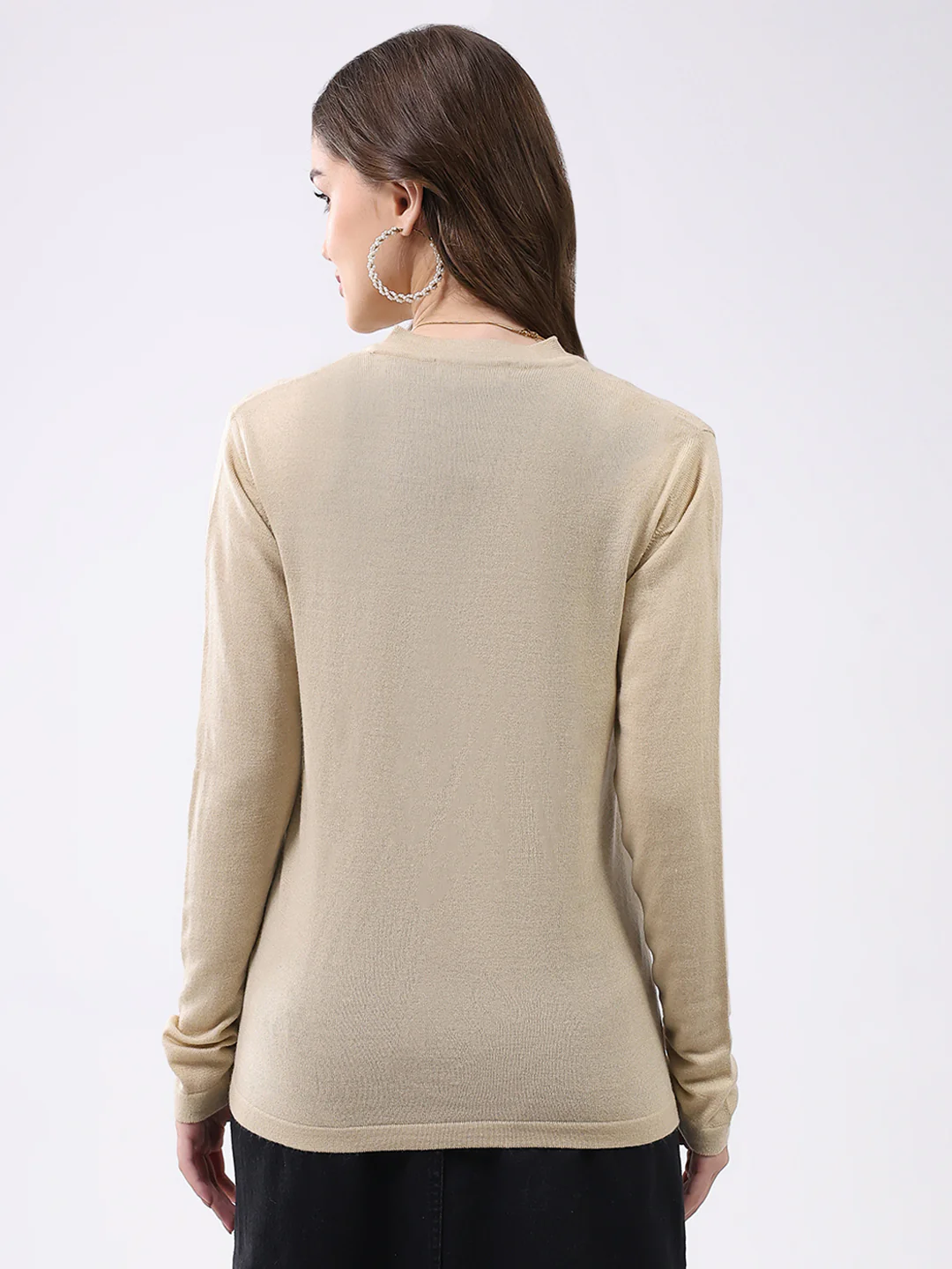 Women Beige Self Design V Neck Full Sleeve Cardigan - Image 5