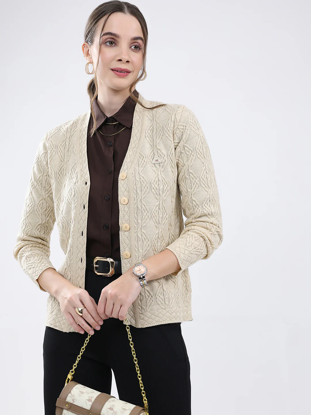 Women Beige Self Design V Neck Full Sleeve Cardigan - Image 6
