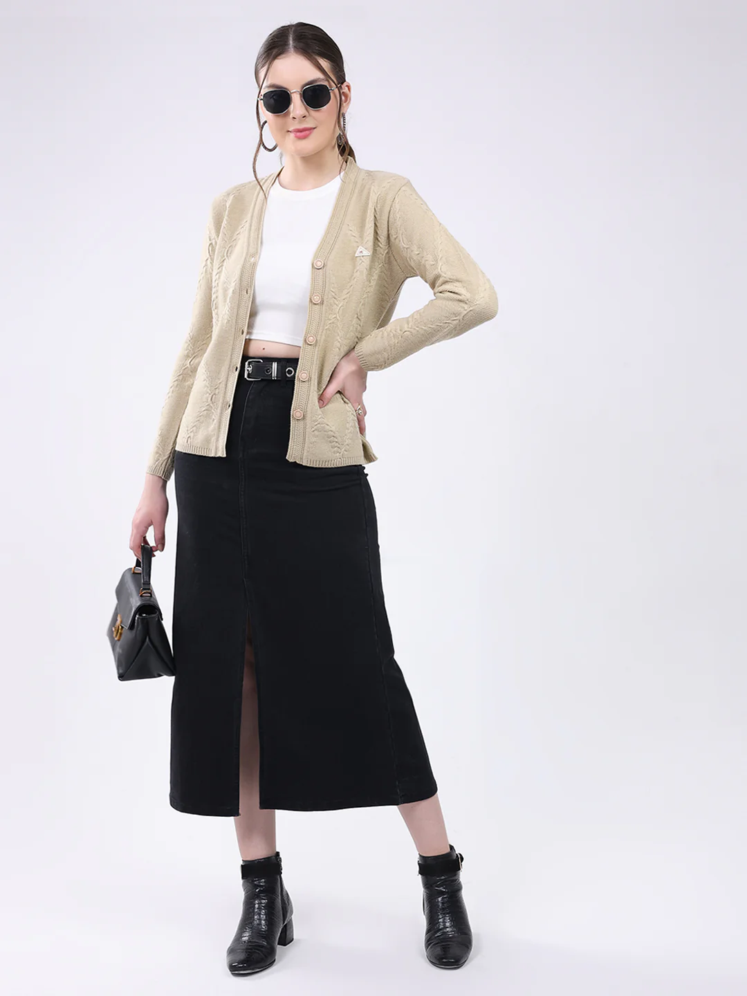 Women Beige Self Design V Neck Full Sleeve Cardigan - Image 2