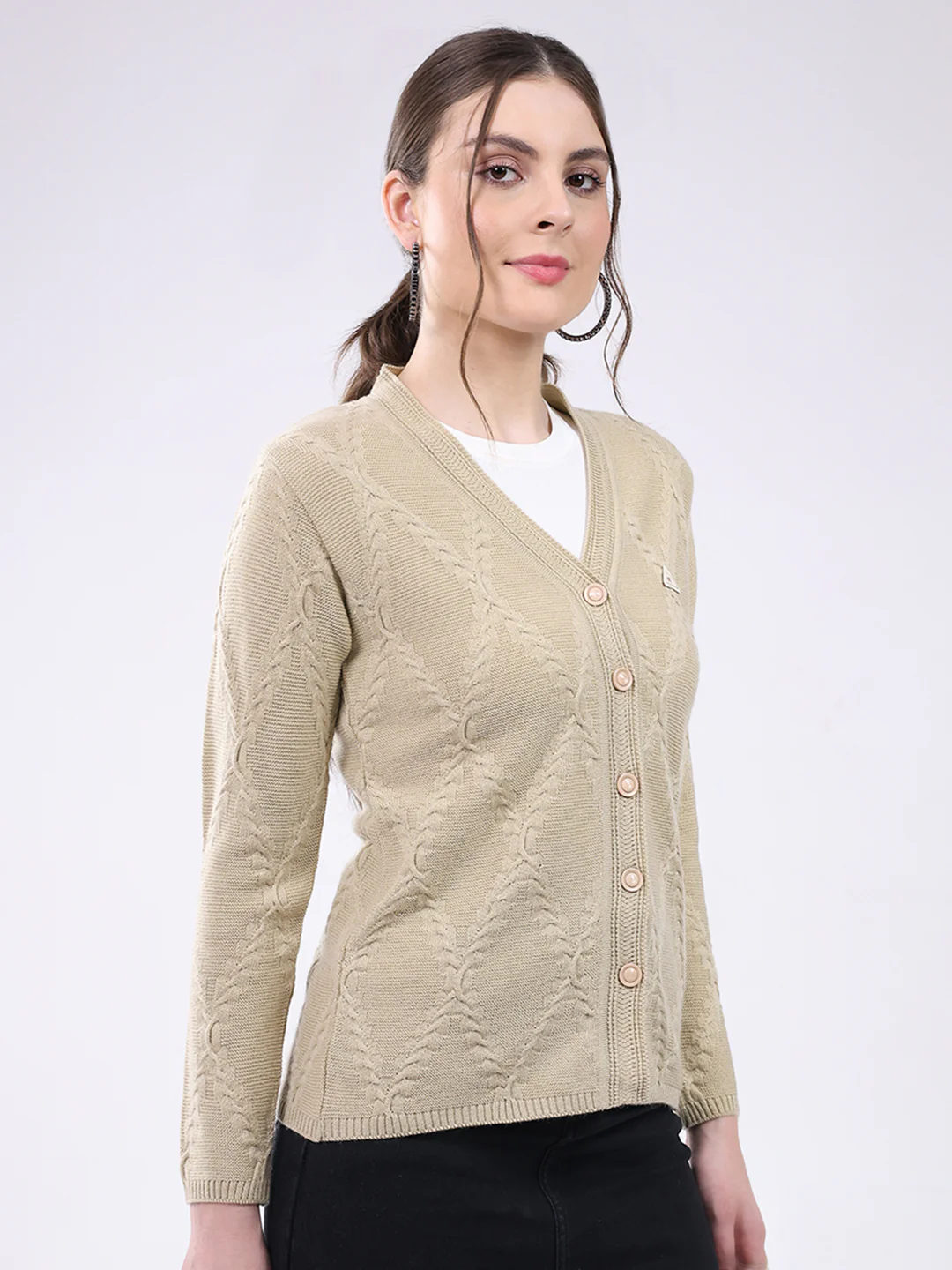 Women Beige Self Design V Neck Full Sleeve Cardigan - Image 4